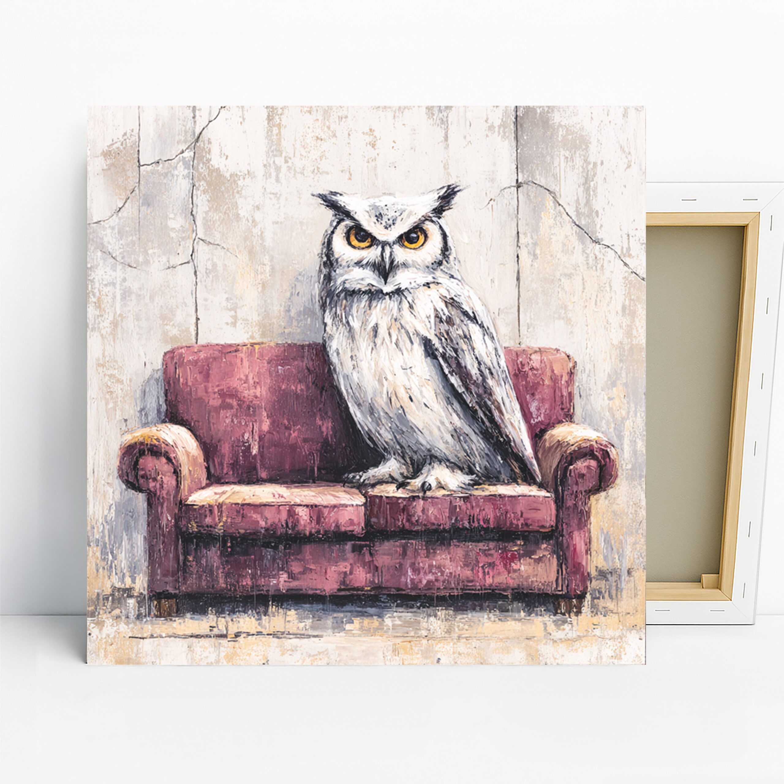 Owl Art, Canvas or Poster, Whimsical Modern Decor, Living Room Office Bedroom Library Wall Art, White Brown Maroon Beige
