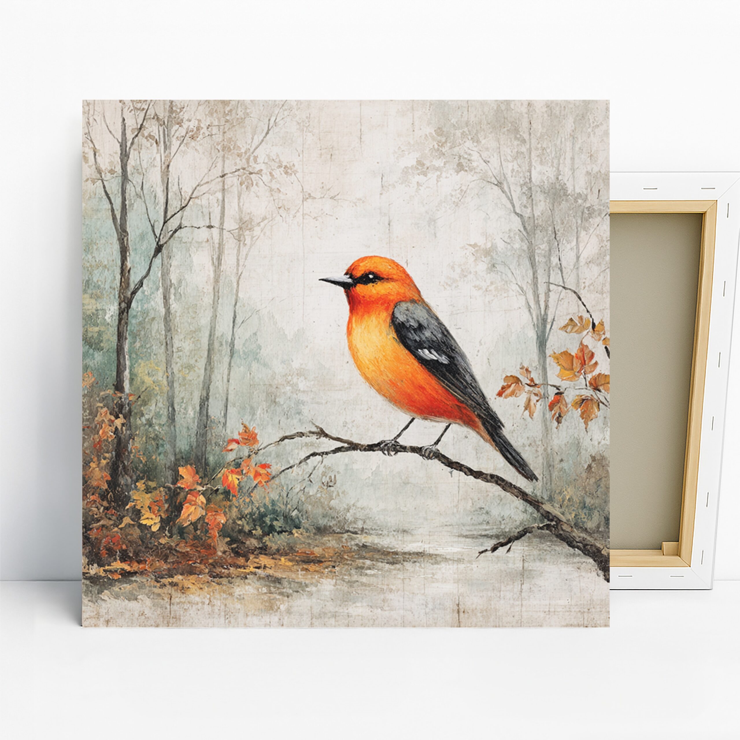 Tanager Art, Canvas or Poster, Nature Modern Minimalist Decor, Living Room Bedroom Office Dining Room Wall Art, Orange Green Brown Gray