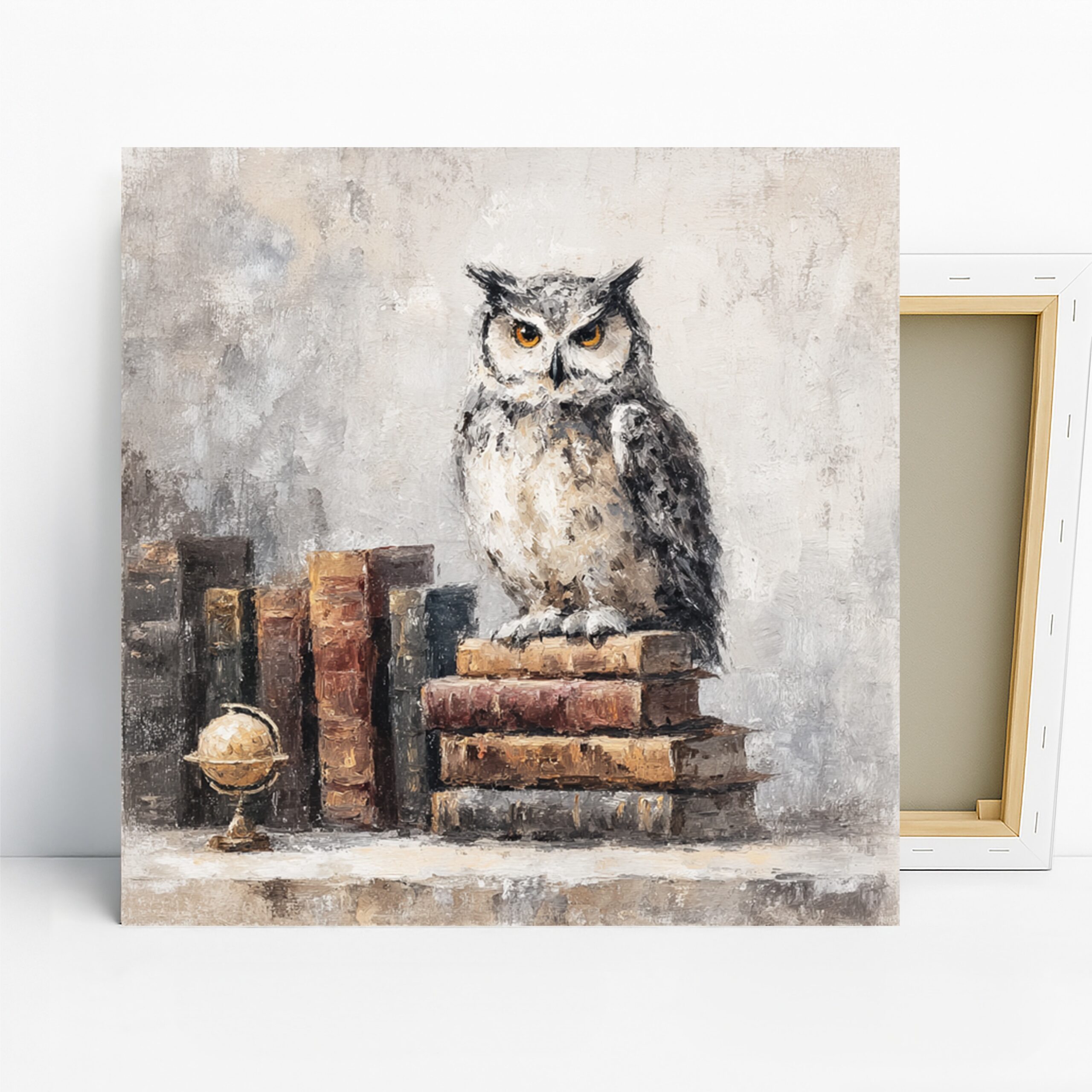 Owl Book Art, Canvas or Poster, Contemporary Rustic Decor, Library Office Living Room Wall Art, Grey Brown Orange and White