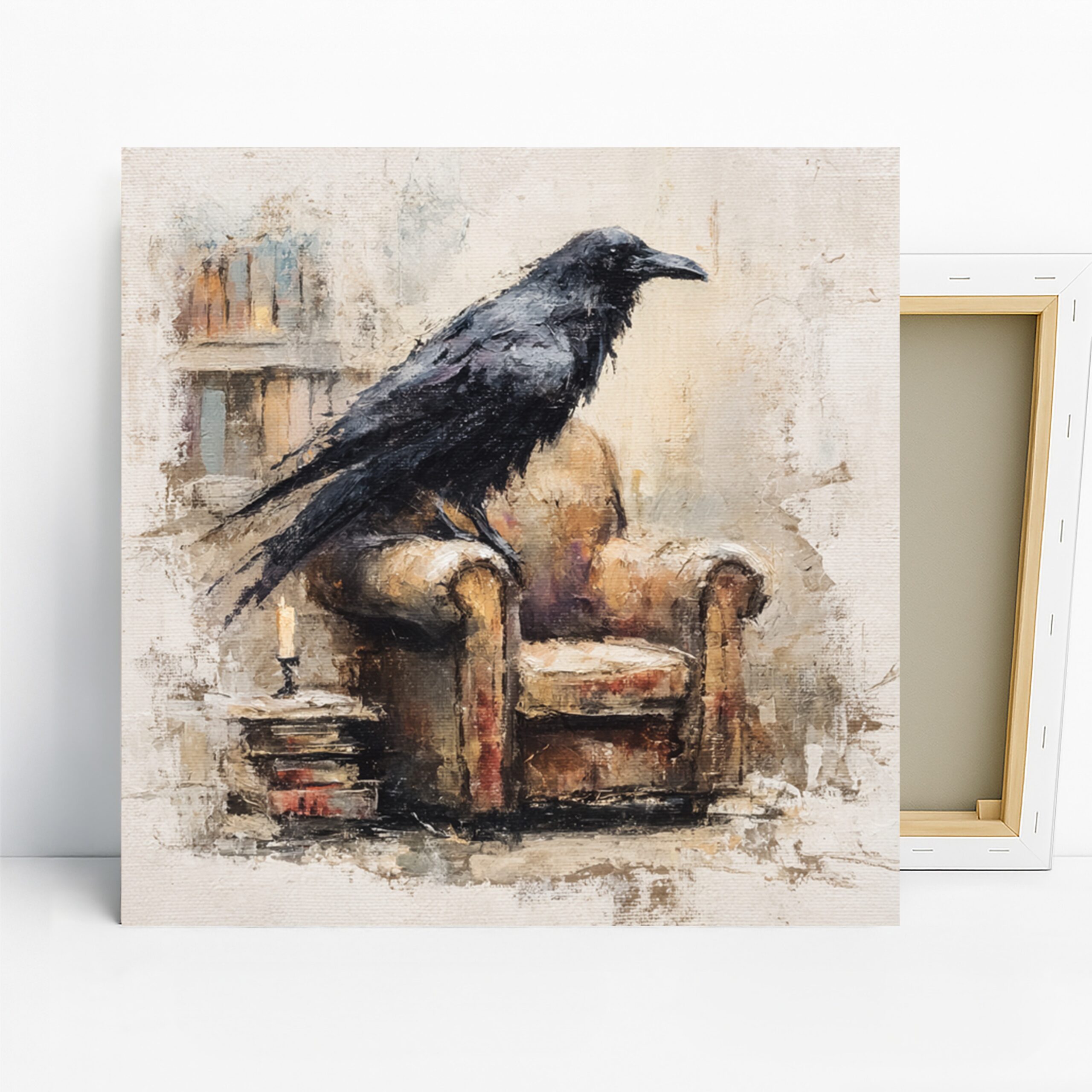 Raven Armchair Art, Canvas or Poster, Whimsical Rustic Decor, Living Room Library Office Bedroom Wall Art, Black Brown Beige and White