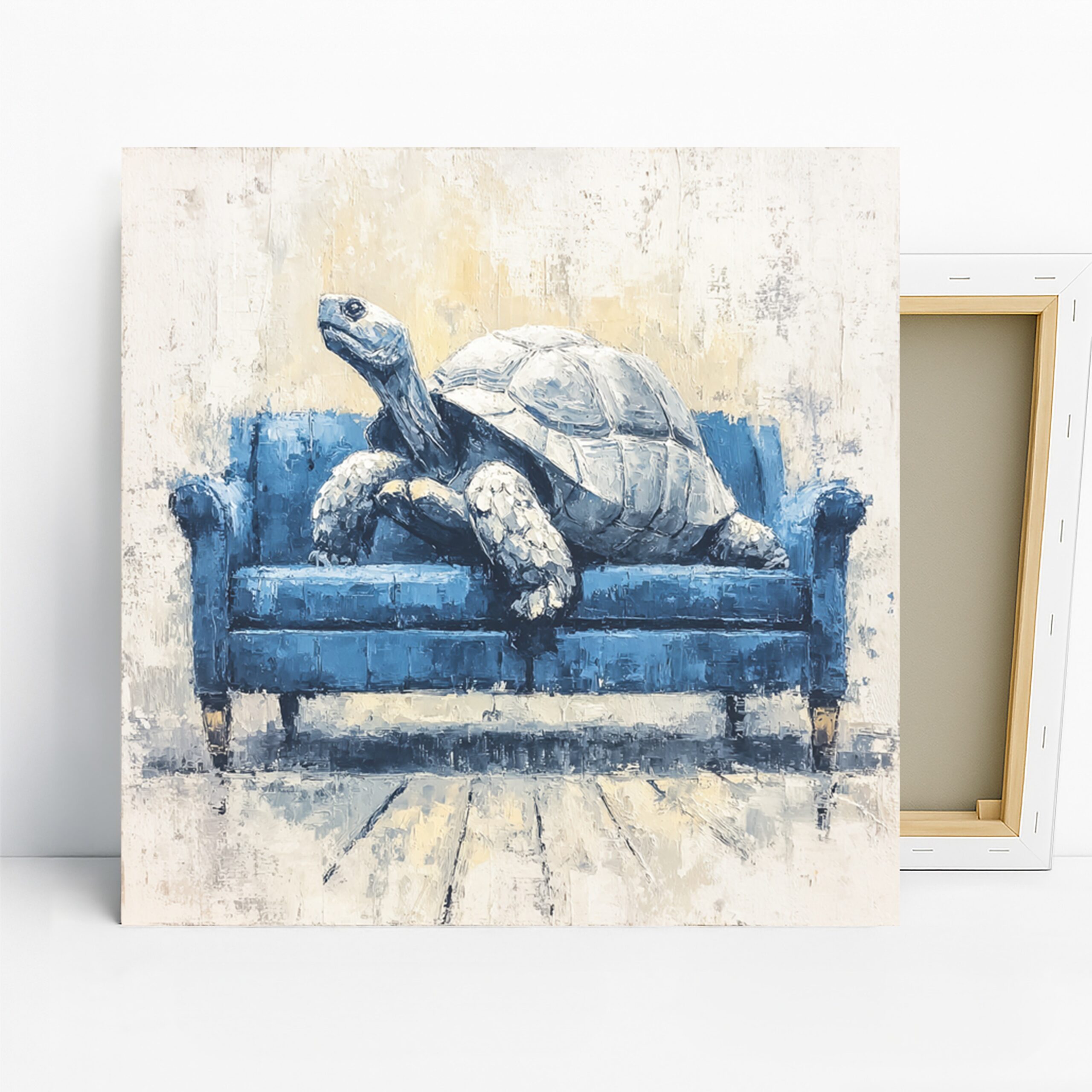 Turtle Couch Art, Canvas or Poster, Whimsical Contemporary Decor, Living Room Office Bedroom Children’s Room Wall Art, Blue White Grey Beige