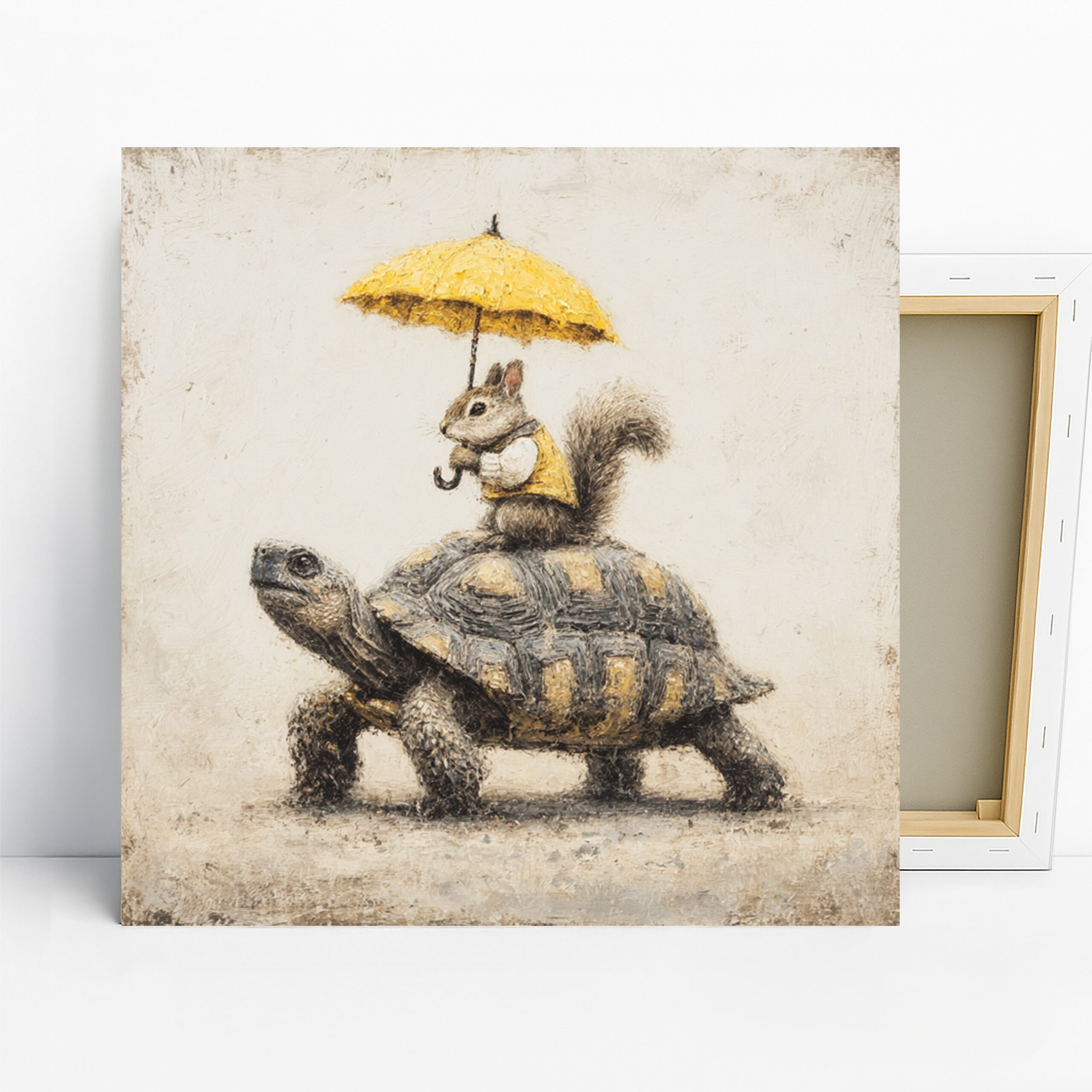 Squirrel Turtle Umbrella Art, Canvas or Poster, Whimsical Nature Decor, Living Room Children Room Nursery Wall Art, Yellow Brown Gray White