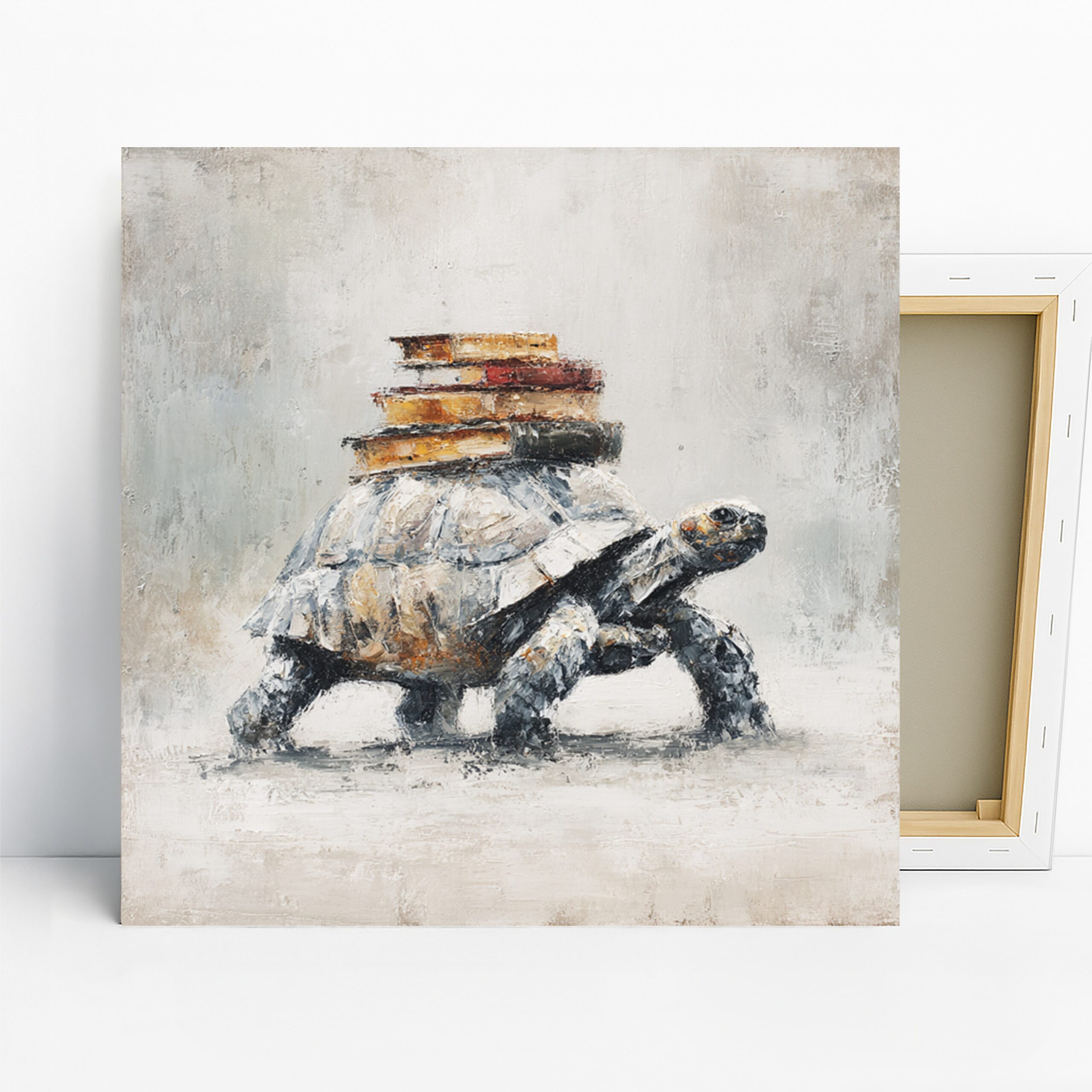 Turtle Art, Canvas or Poster, Whimsical Contemporary Decor, Library Office Living Room Wall Art, Grey Brown Red Yellow, Book Lover Gift