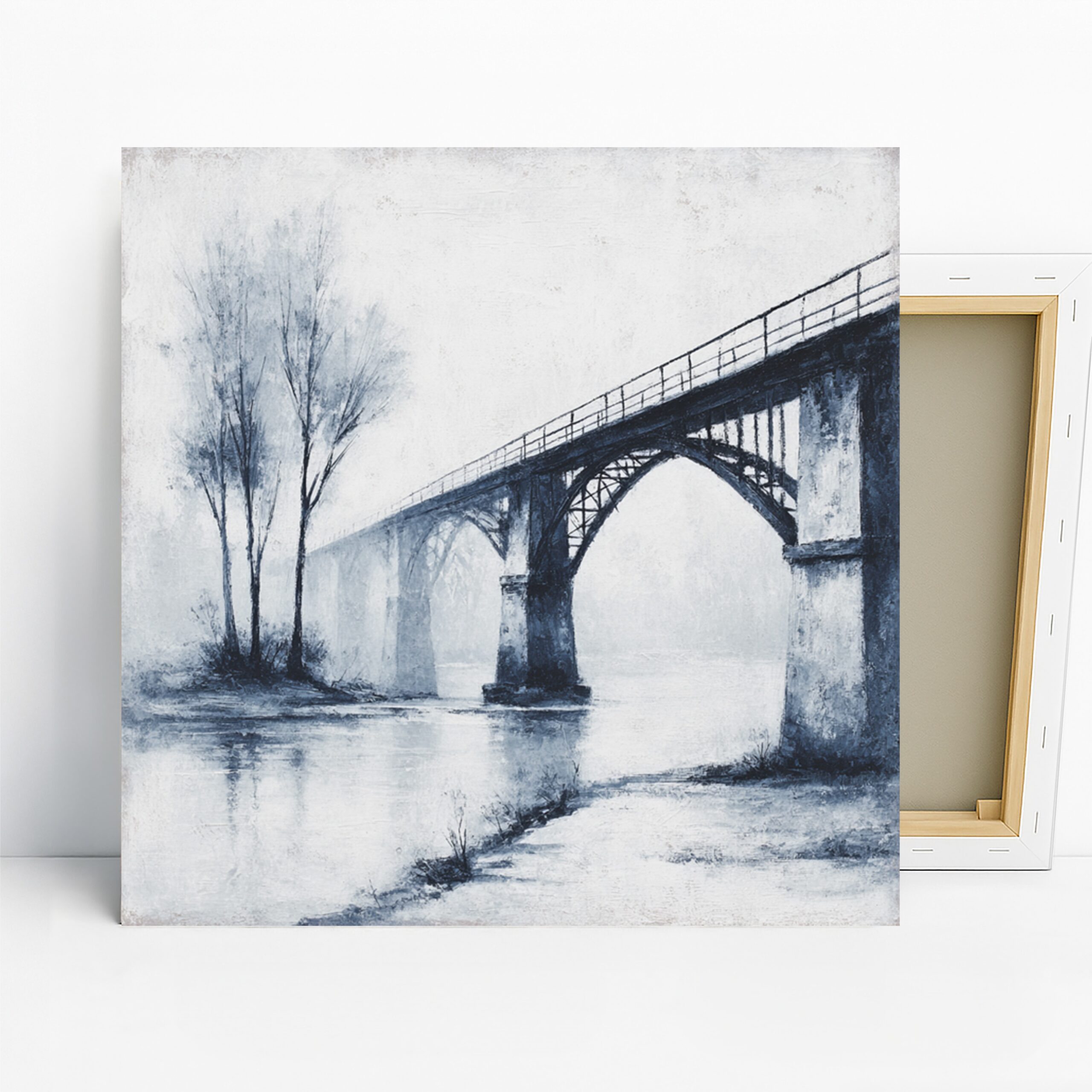 Misty Bridge Art, Canvas or Poster, Minimalism Contemporary Decor, Living Room Bedroom Office Wall Art, Blue Grey White