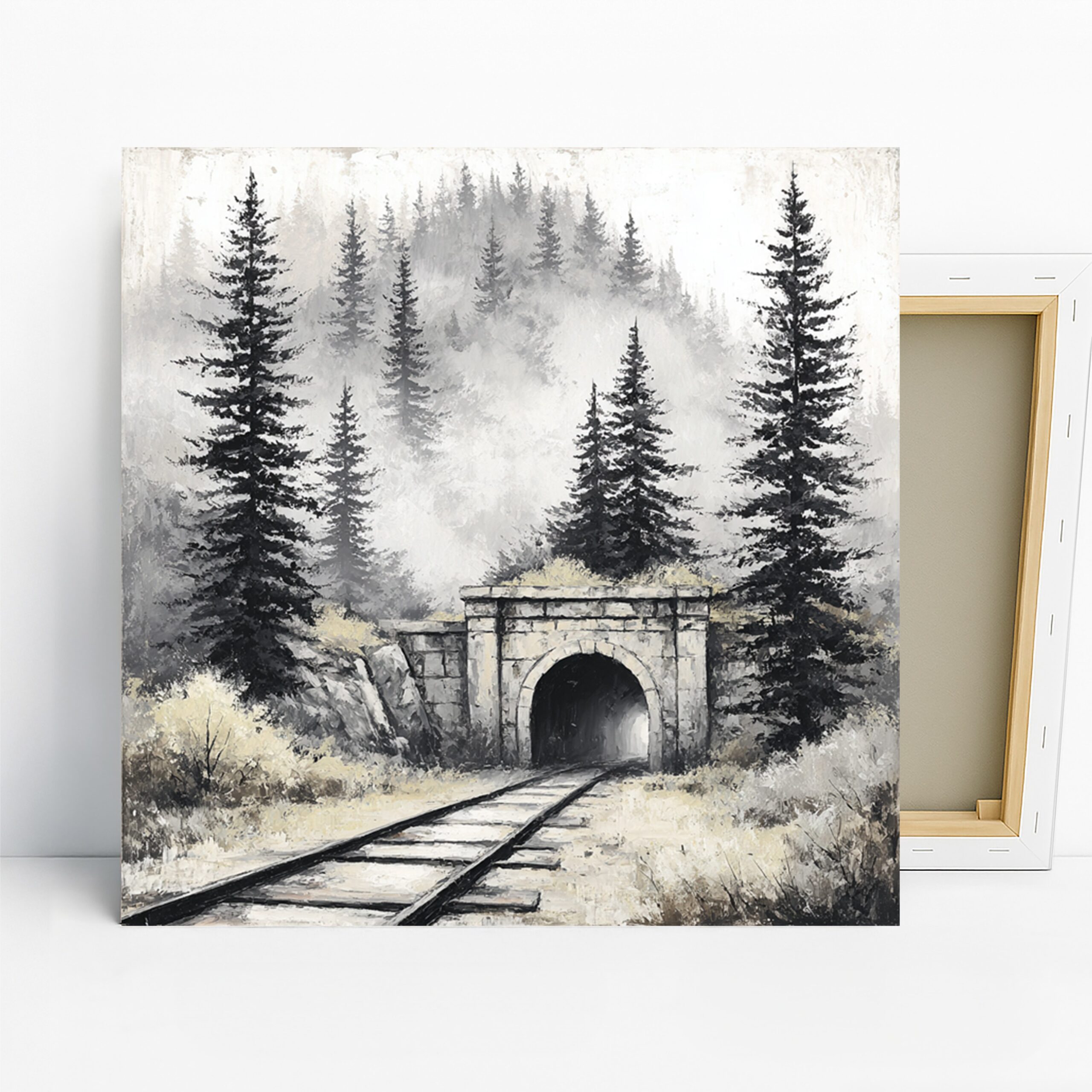 Misty Forest Railway Tunnel Art, Canvas or Poster, Vintage Rustic Decor, Living Room Bedroom Office Wall Art, Black White Grey Green