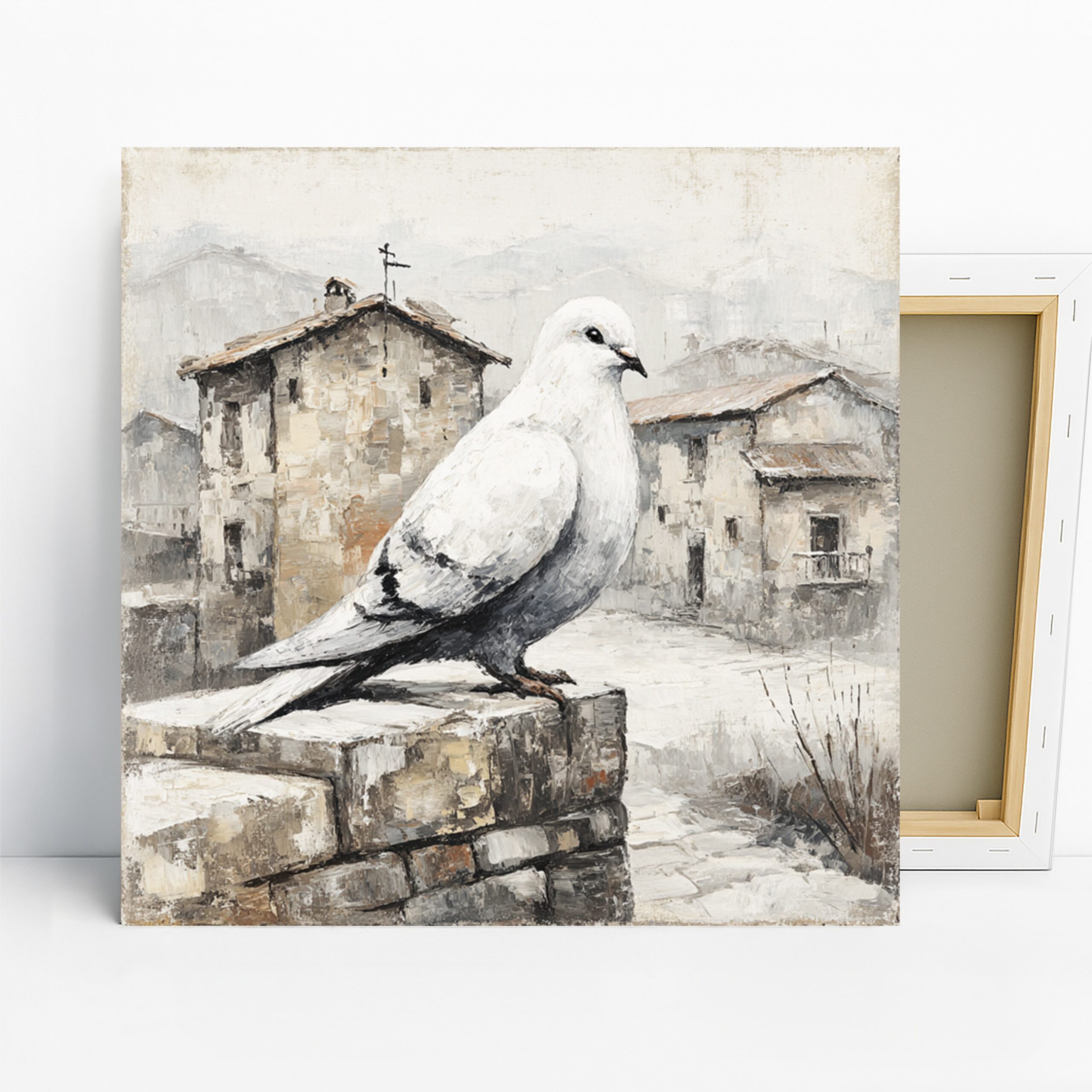 Dove Village Art, Canvas or Poster, Impressionism Rustic Decor, Living Room Bedroom Dining Room Wall Art, White Grey Beige Brown