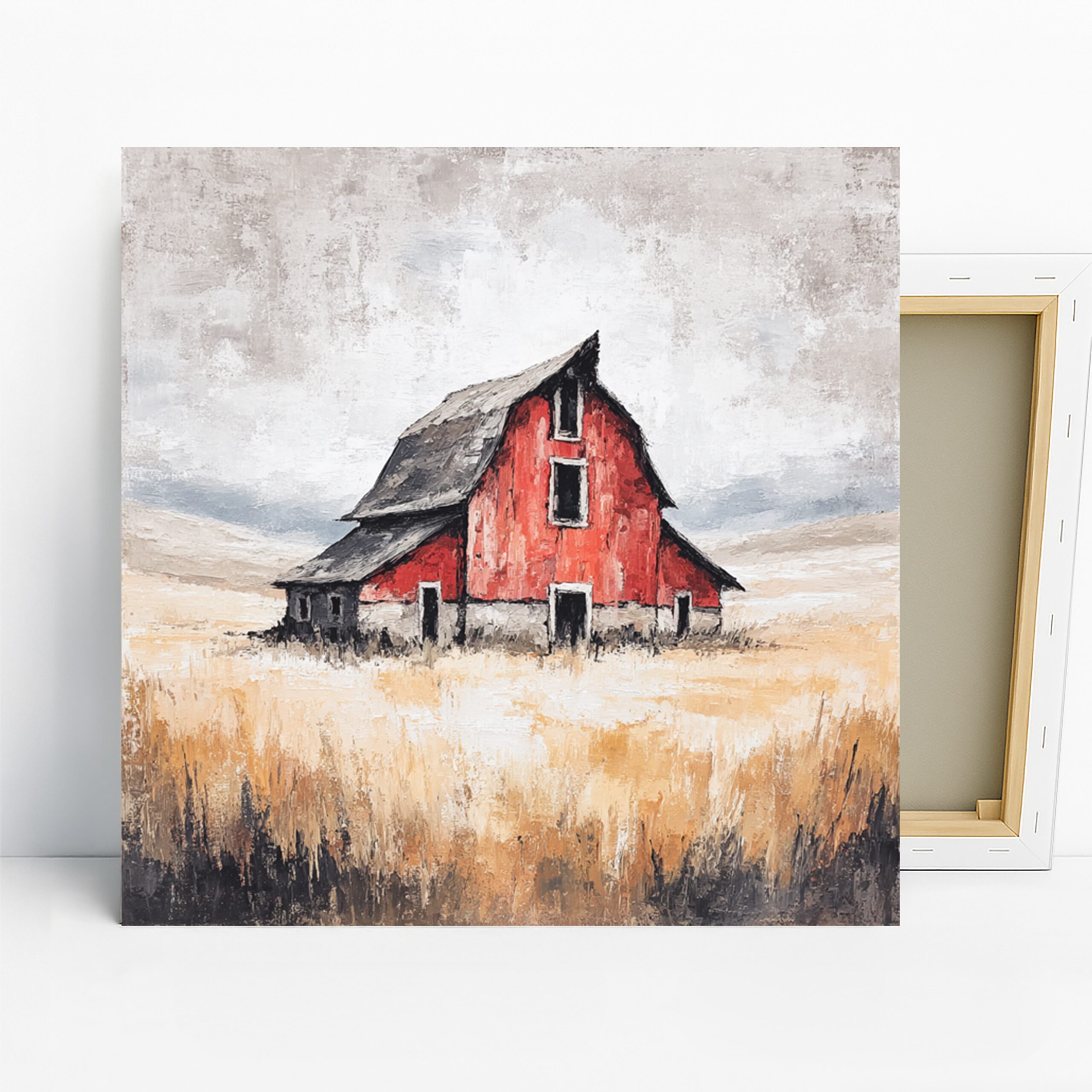 Red Barn Art, Canvas or Poster, Rustic Farmhouse Decor, Living Room Bedroom Dining Room Wall Art, Red Gray Beige and White