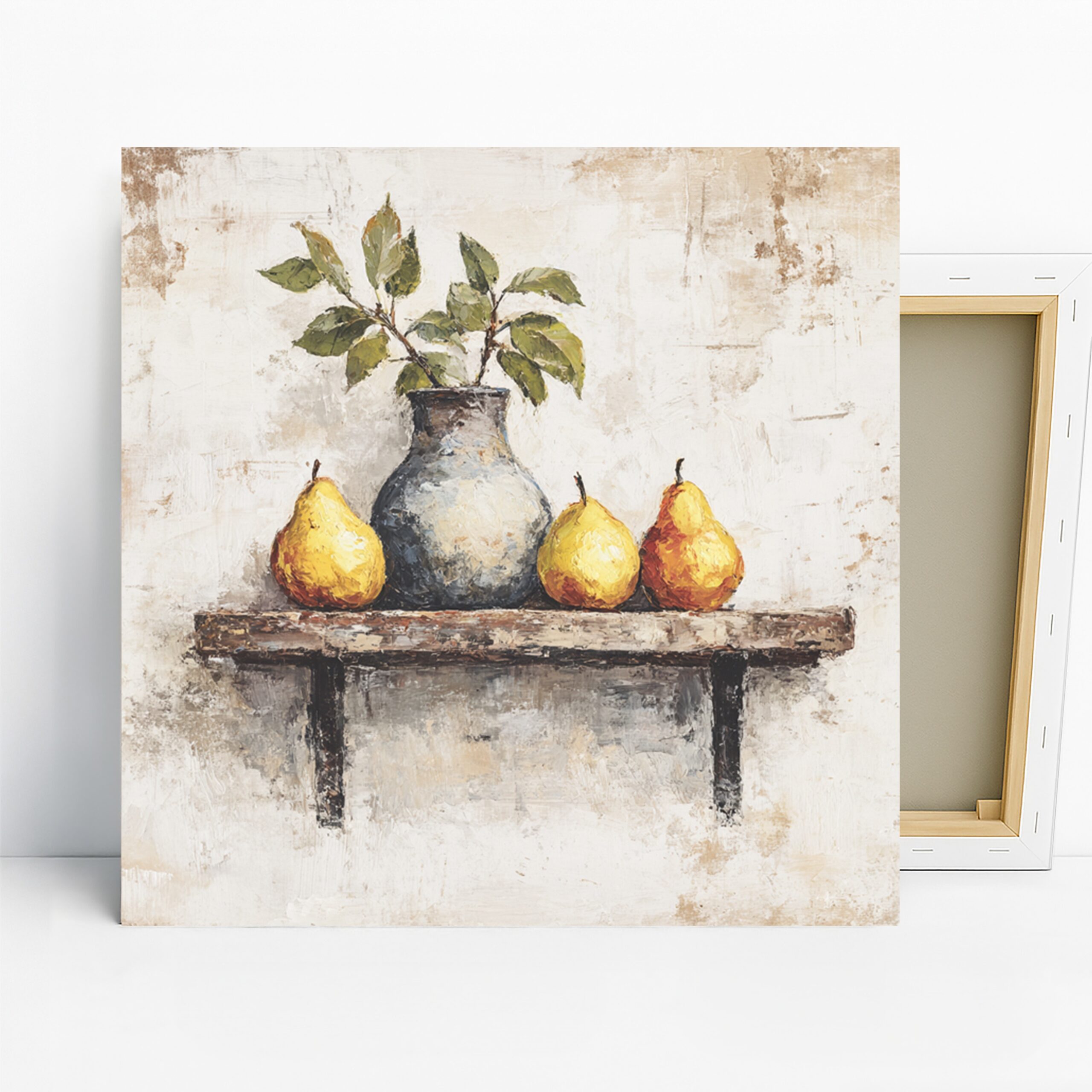 Pears and Leaves Art, Canvas or Poster, Still Life Rustic Farmhouse Decor, Kitchen Dining Room Living Room Wall Art, Yellow Green Grey Brown