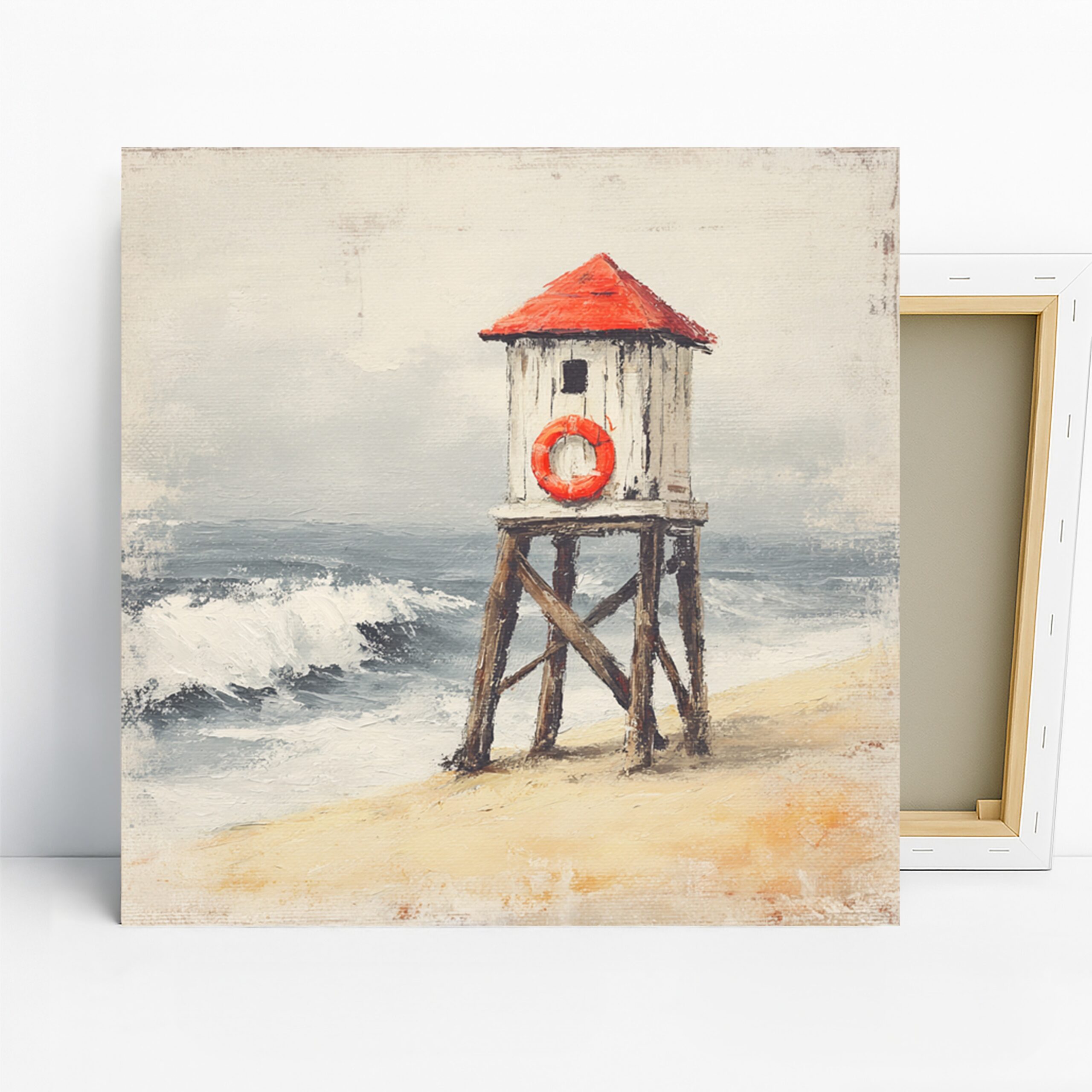 Coastal Lifeguard Tower Art, Canvas or Poster, Vintage Nature Decor, Bathroom Bedroom Living Room Beach House Wall Art, Red White Blue Brown