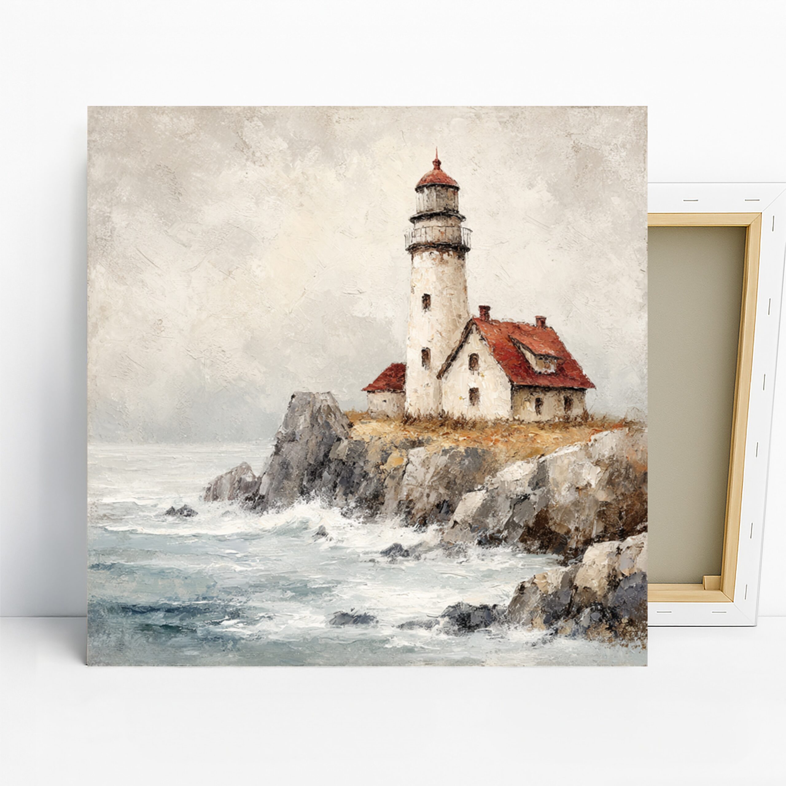Coastal Lighthouse Art, Canvas or Poster, Vintage Nature Decor, Living Room Bedroom Office Bathroom Wall Art, White Red Blue and Grey