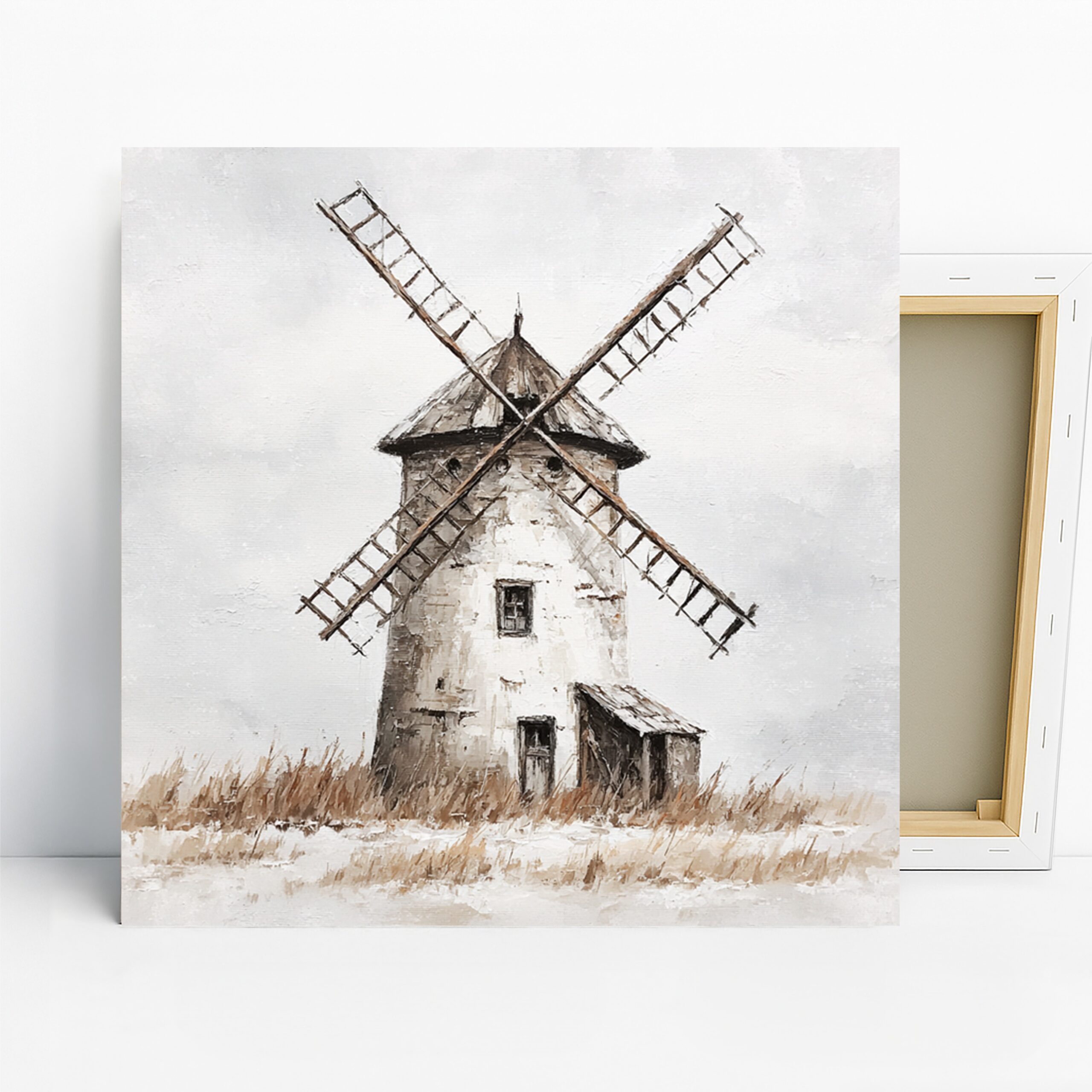 Rustic Windmill Art, Canvas or Poster, Vintage Nature Decor, Living Room Bedroom Dining Room Wall Art, White Brown Grey Beige