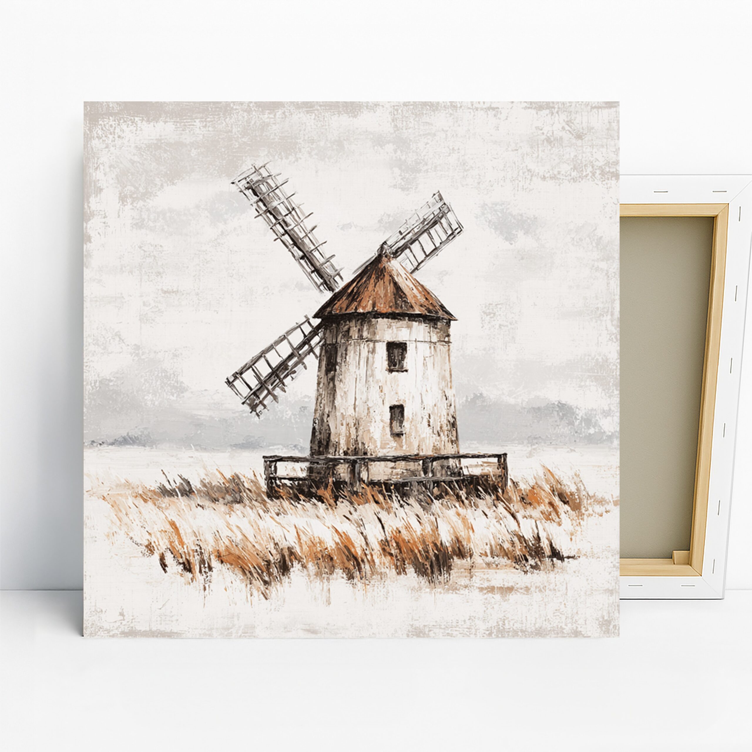 Rustic Windmill Art, Canvas or Poster, Vintage Nature Decor, Living Room Dining Room Office Wall Art, White Brown Beige Grey