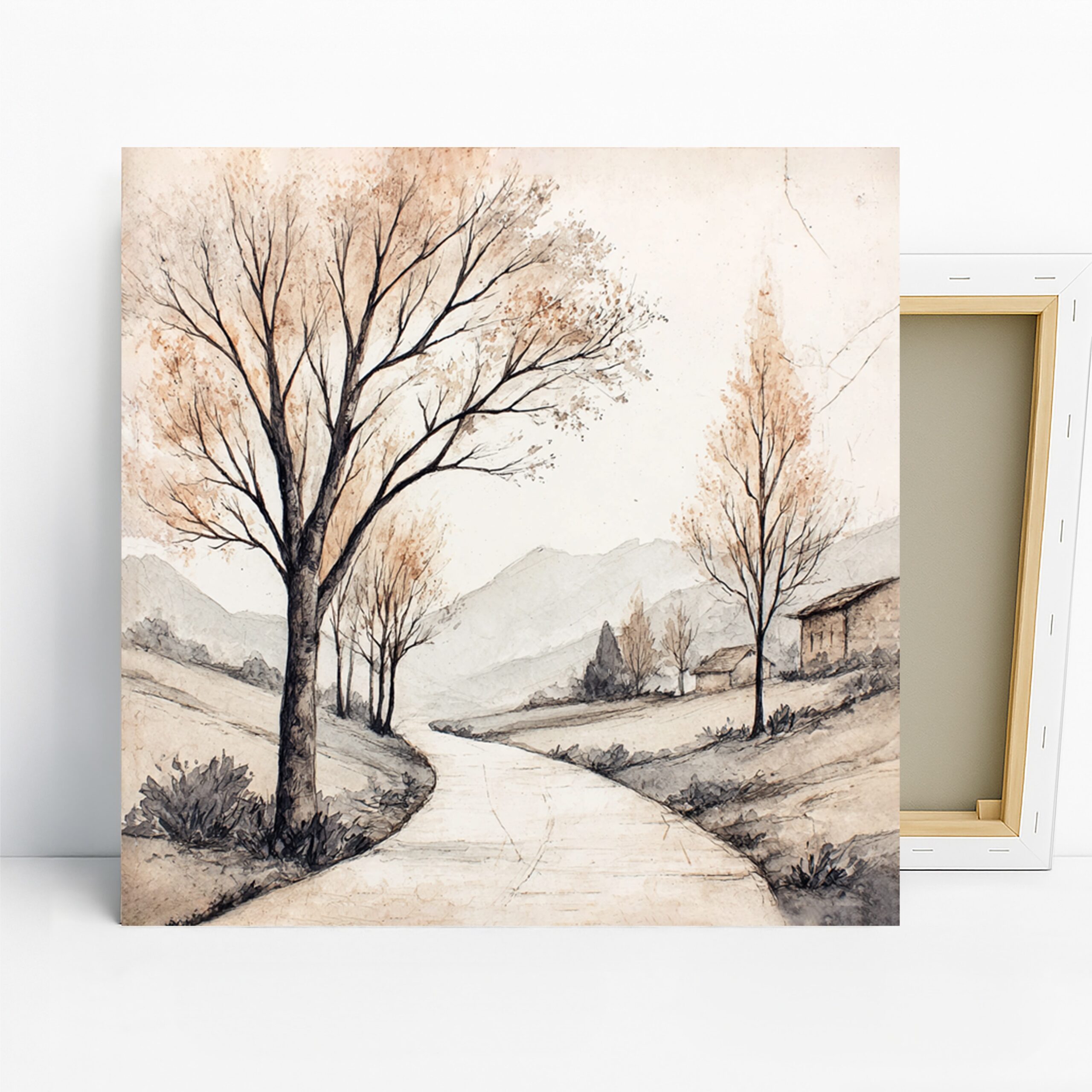 Serene Countryside Path Art, Canvas or Poster, Nature Rustic Decor, Living Room Bedroom Office Dining Room Wall Art, Brown Beige Grey White