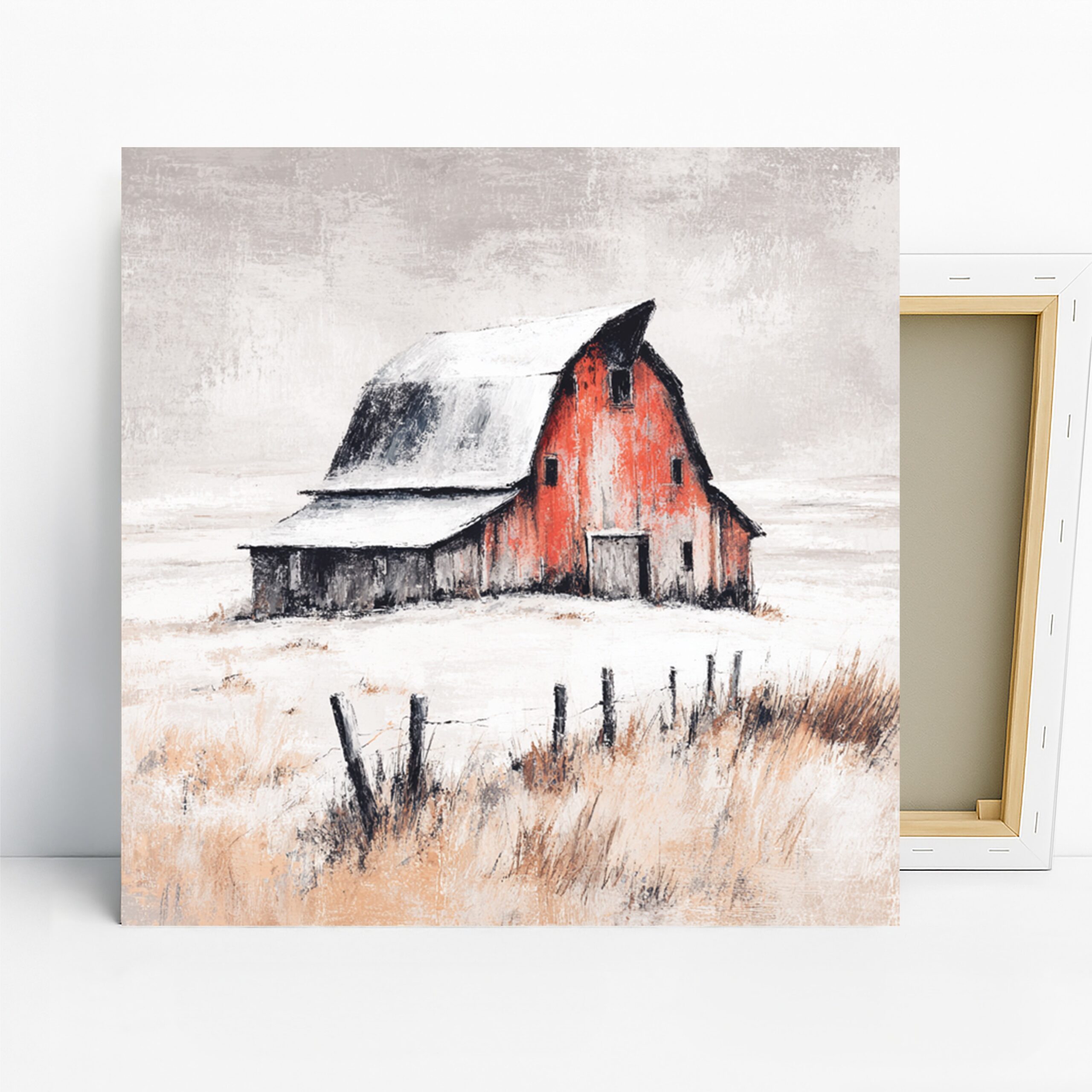 Red Barn Art, Canvas or Poster, Vintage Rustic Decor, Living Room Bedroom Dining Room Office Wall Art, Red Brown Gray and White