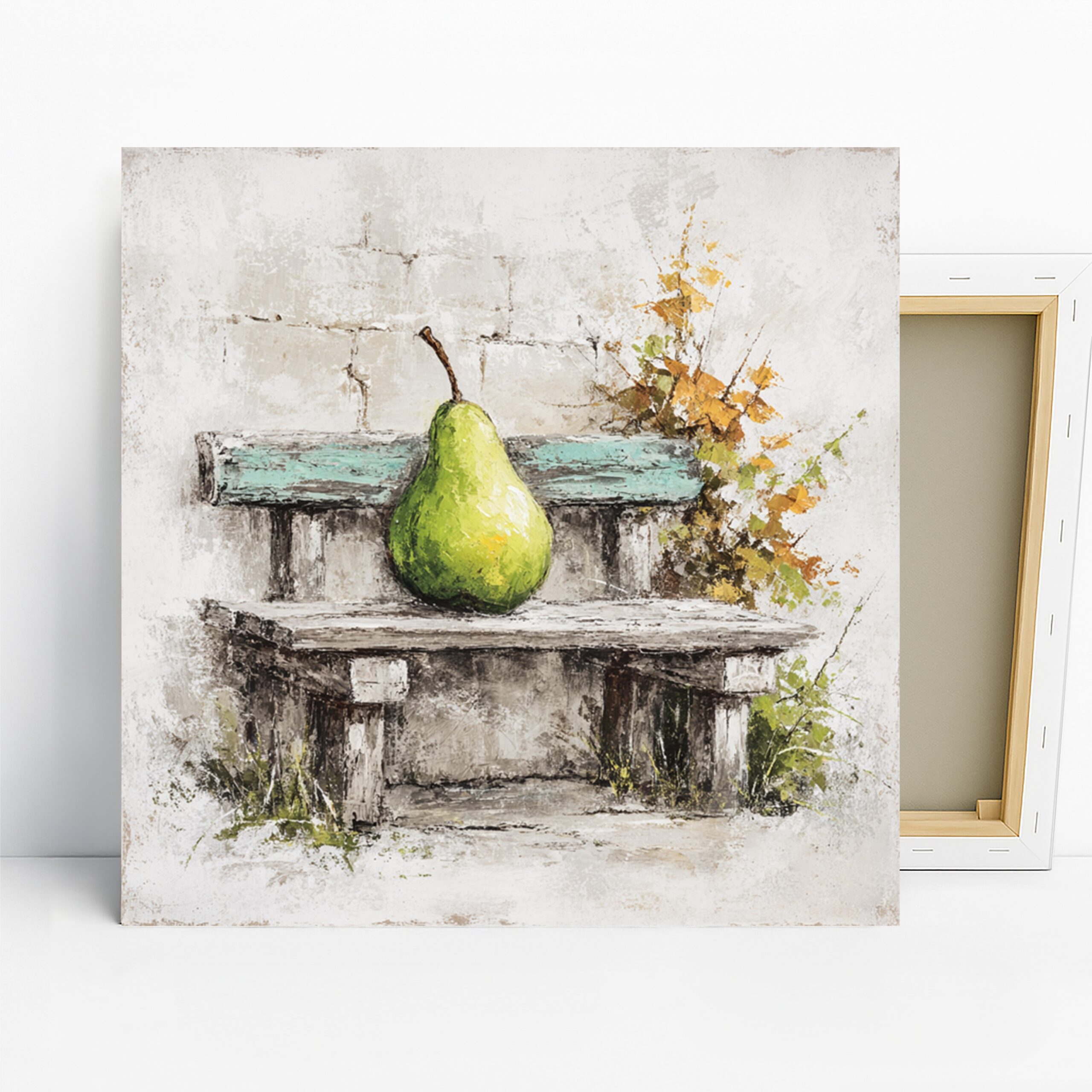 Green Pear Art, Canvas or Poster, Still Life Rustic Minimalist Decor, Kitchen Dining Room Living Room Wall Art, Green Beige Turquoise Yellow