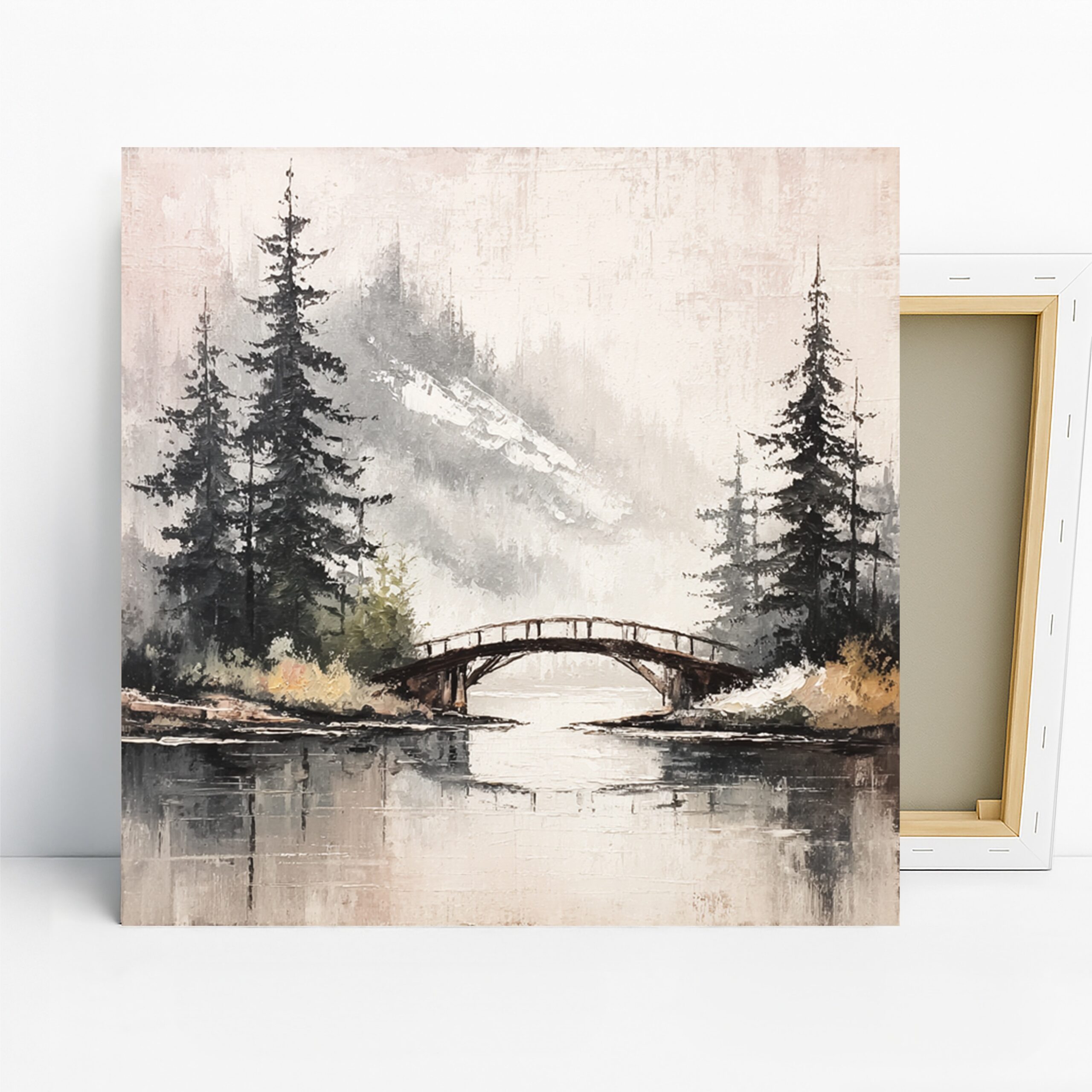 Misty Forest Bridge Art, Canvas or Poster, Nature Minimalism Decor, Living Room Bedroom Office Bathroom Wall Art, Grey White Green Brown