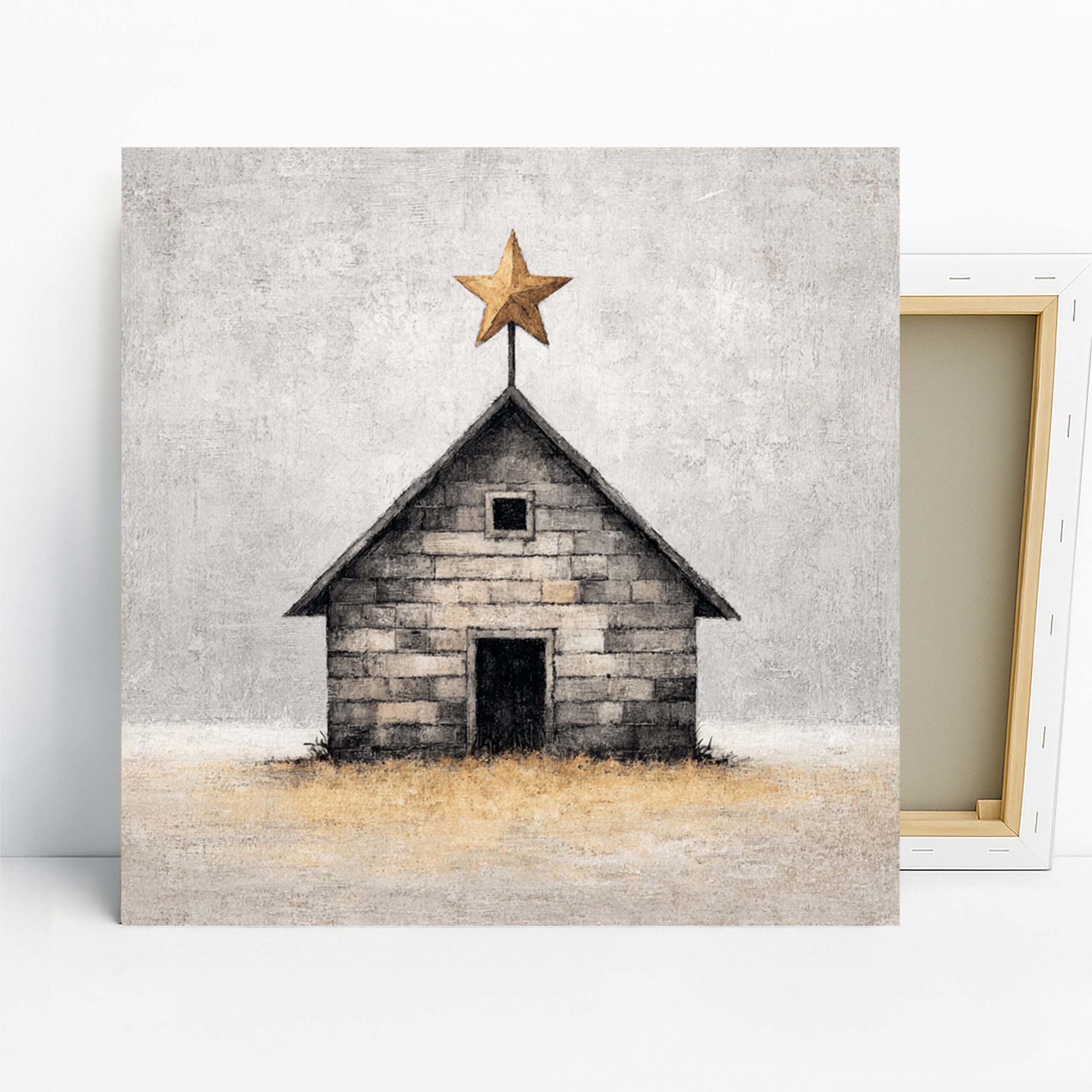 Rustic Star Barn Art, Canvas or Poster, Farmhouse Country Decor, Living Room Bedroom Dining Room Wall Art, Brown Gold Beige Black