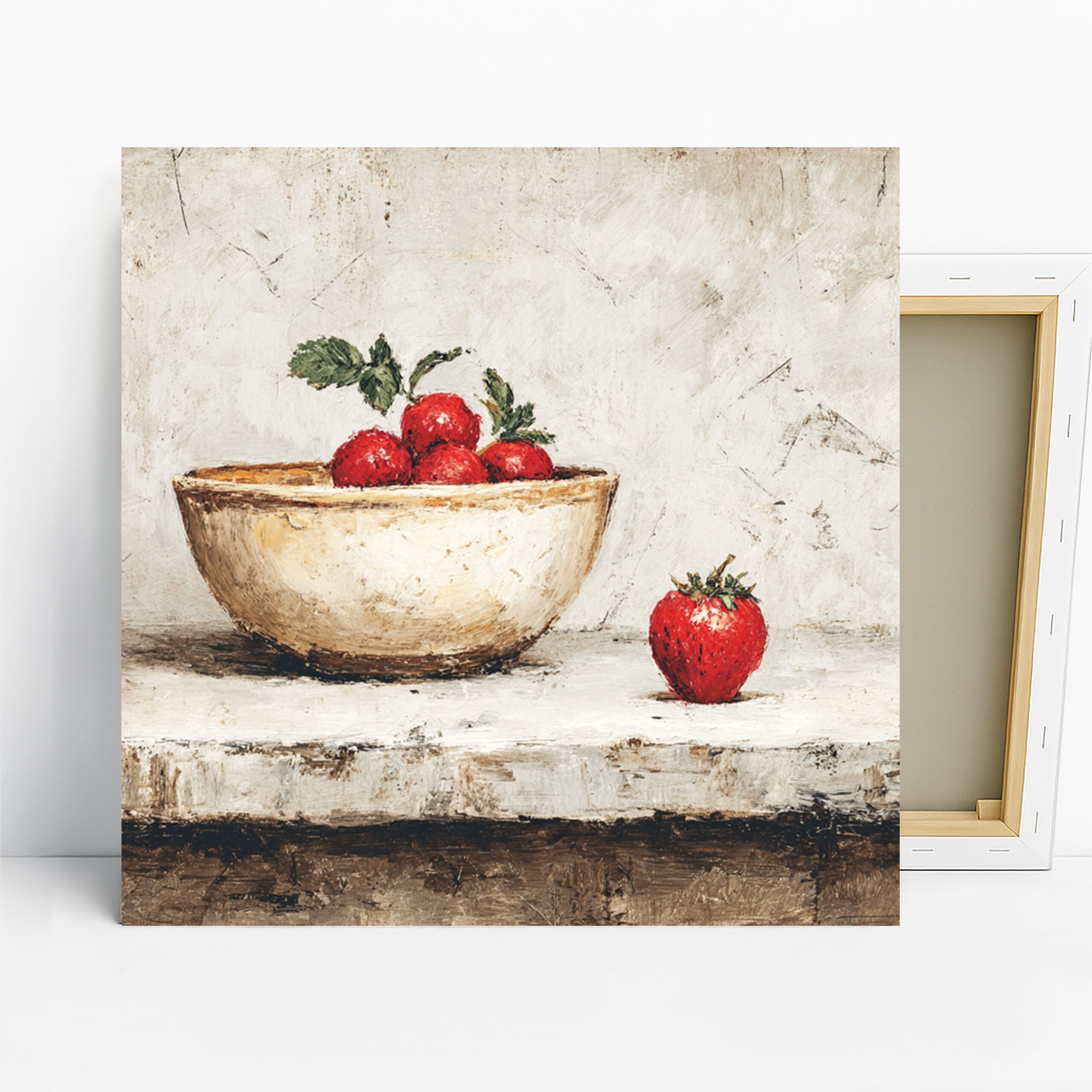 Strawberry Bowl Art, Canvas or Poster, Still Life Rustic Decor, Kitchen Dining Room Pantry Sunroom Wall Art, Red Beige Green and White