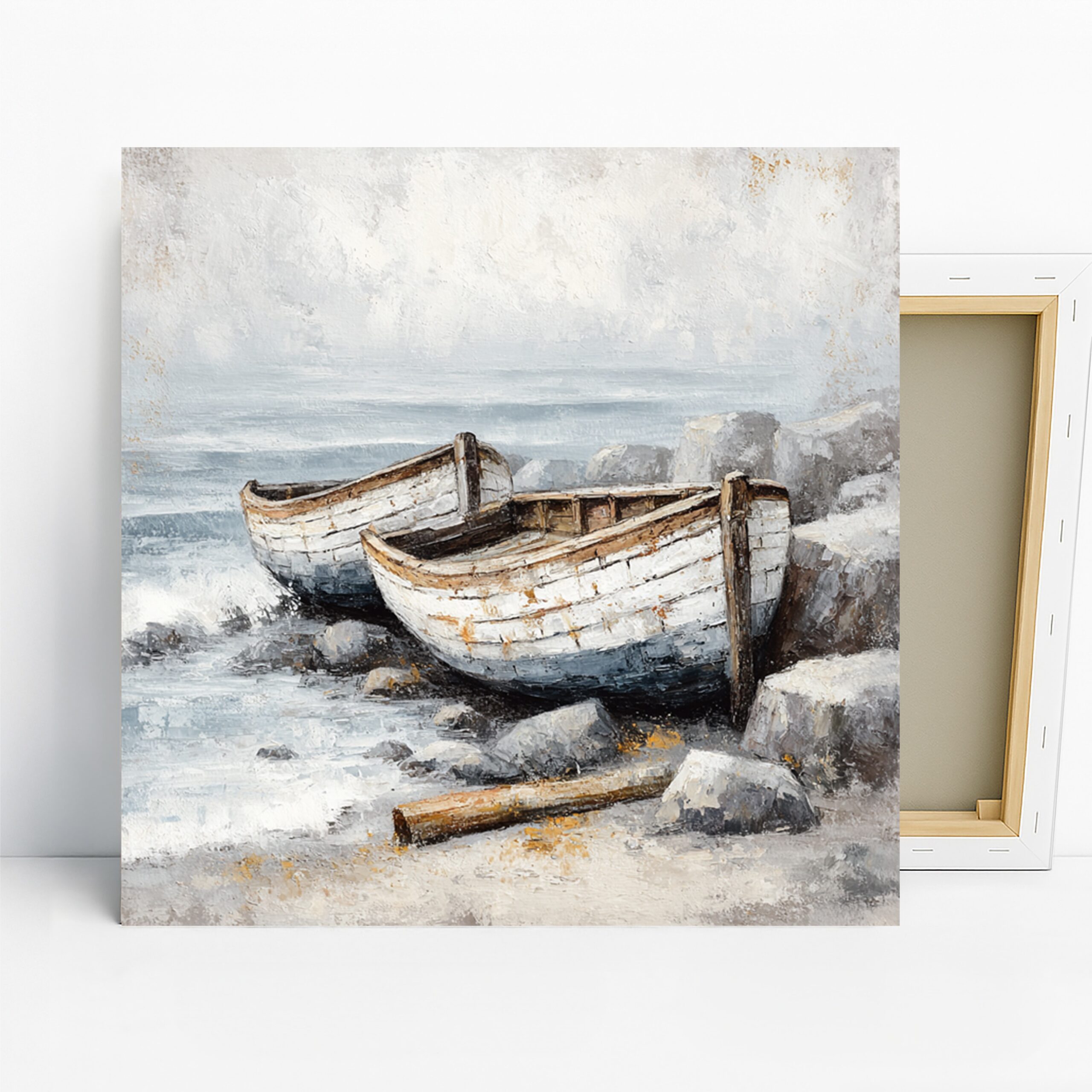 Weathered Boats Beach Art, Canvas or Poster, Vintage Coastal Rustic Decor, Living Room Bedroom Bathroom Wall Art, White Blue Brown Grey