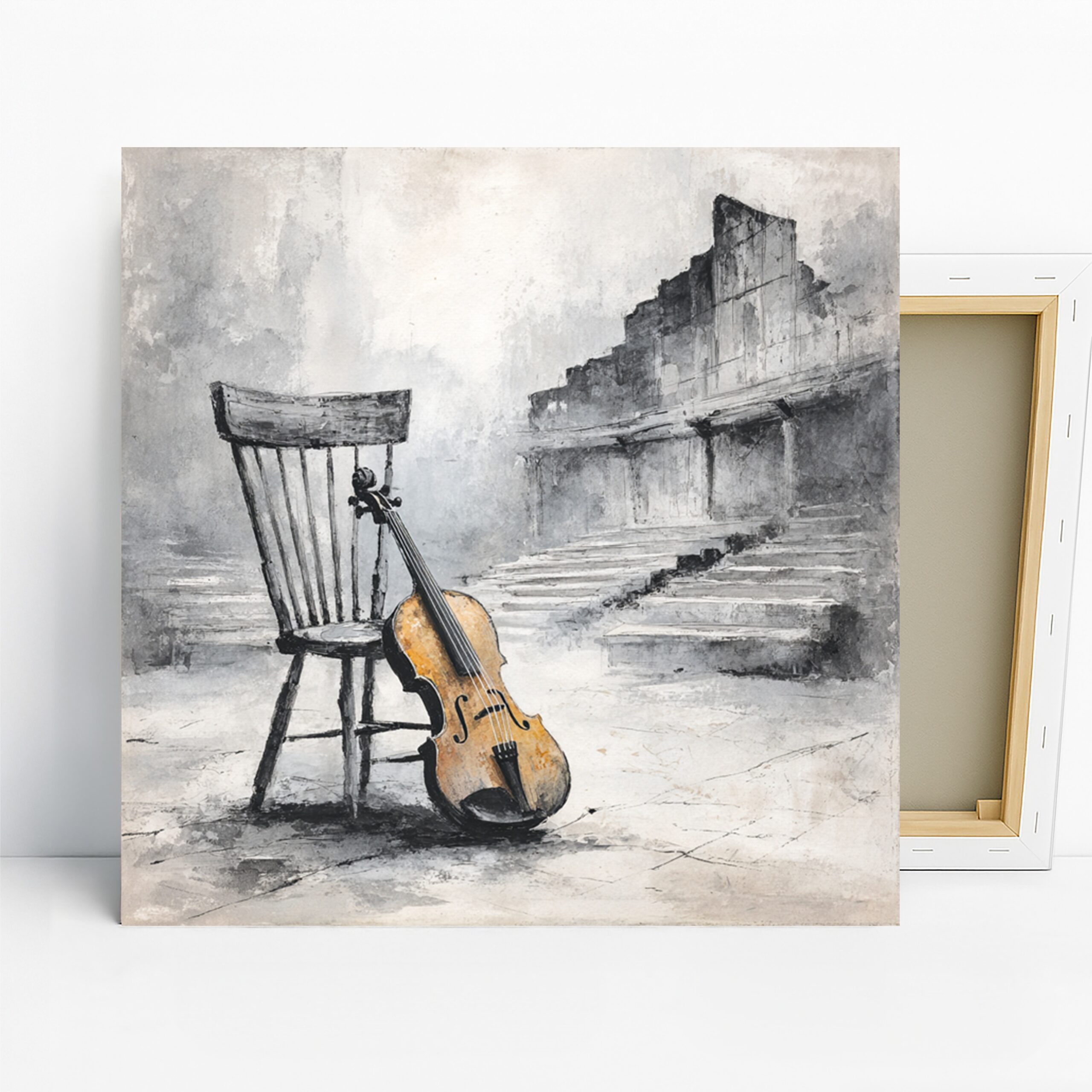 Violin Solitude Art, Canvas or Poster, Vintage Rustic Decor, Living Room Music Room Office Wall Art, Brown Beige Grey and White