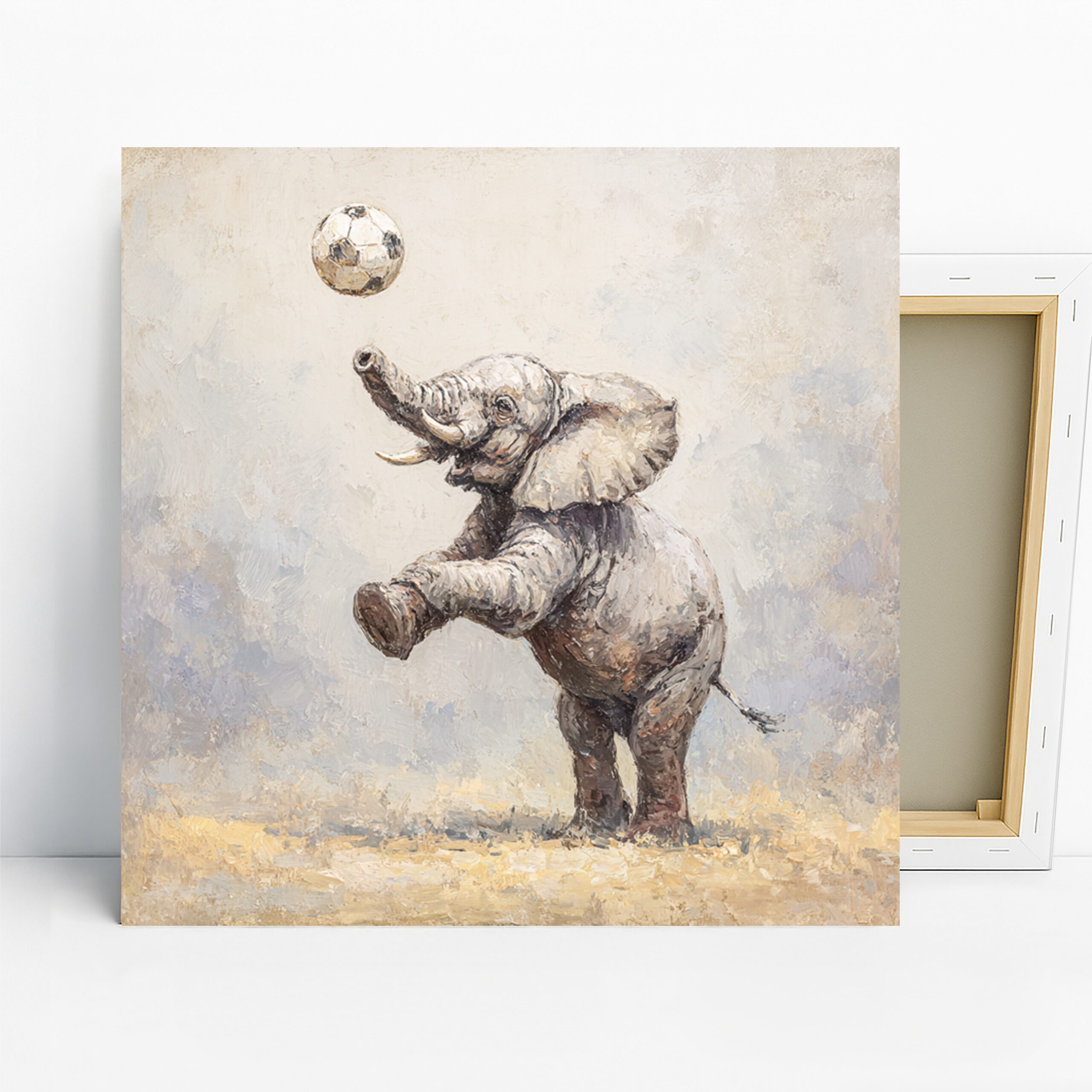 Elephant Soccer Art, Canvas or Poster, Whimsical Rustic Decor, Living Room Children’s Room Office Wall Art, Grey White Brown Yellow