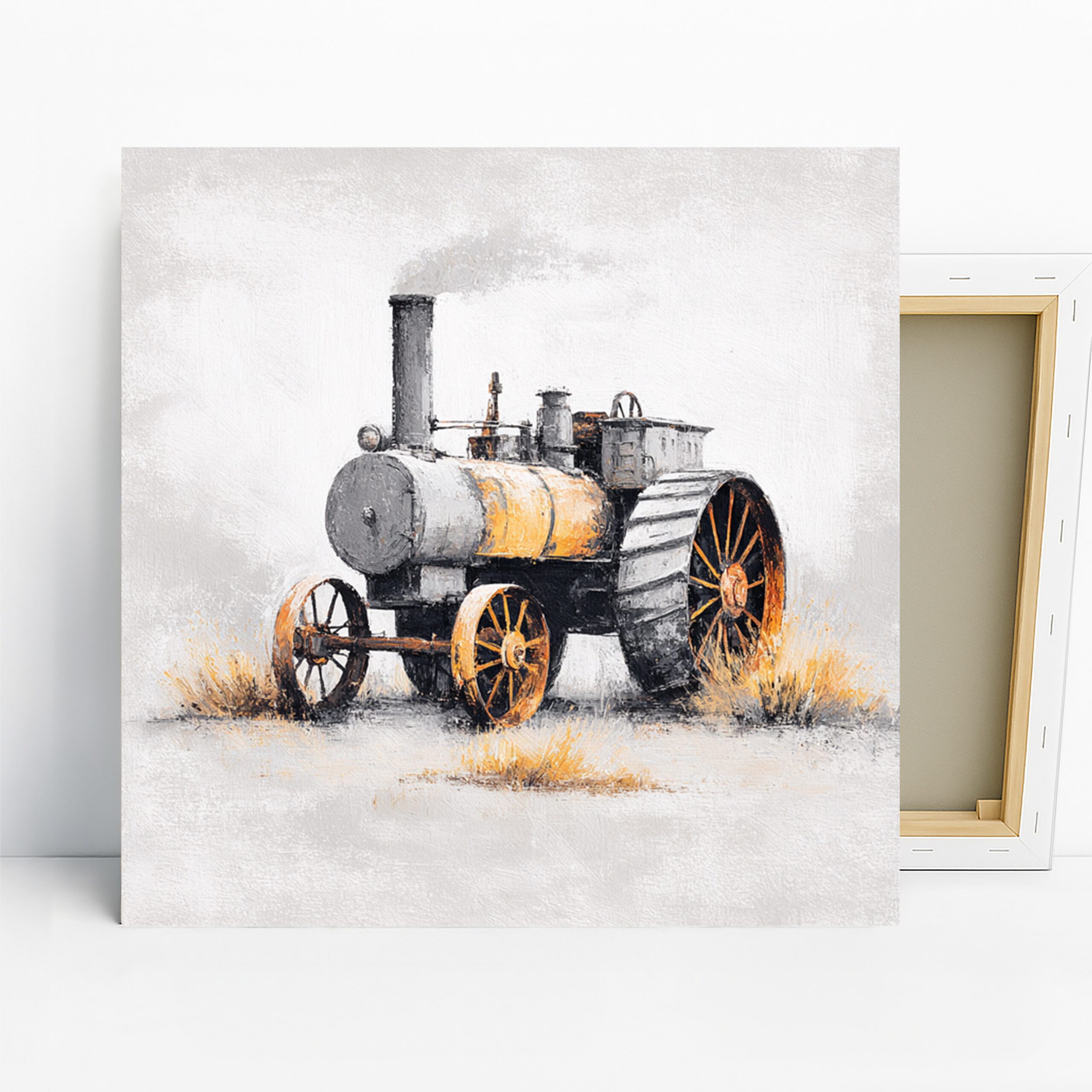 Vintage Steam Tractor Art, Canvas or Poster, Rustic Farmhouse Decor, Living Room Office Dining Room Wall Art, Grey Yellow Orange and Black