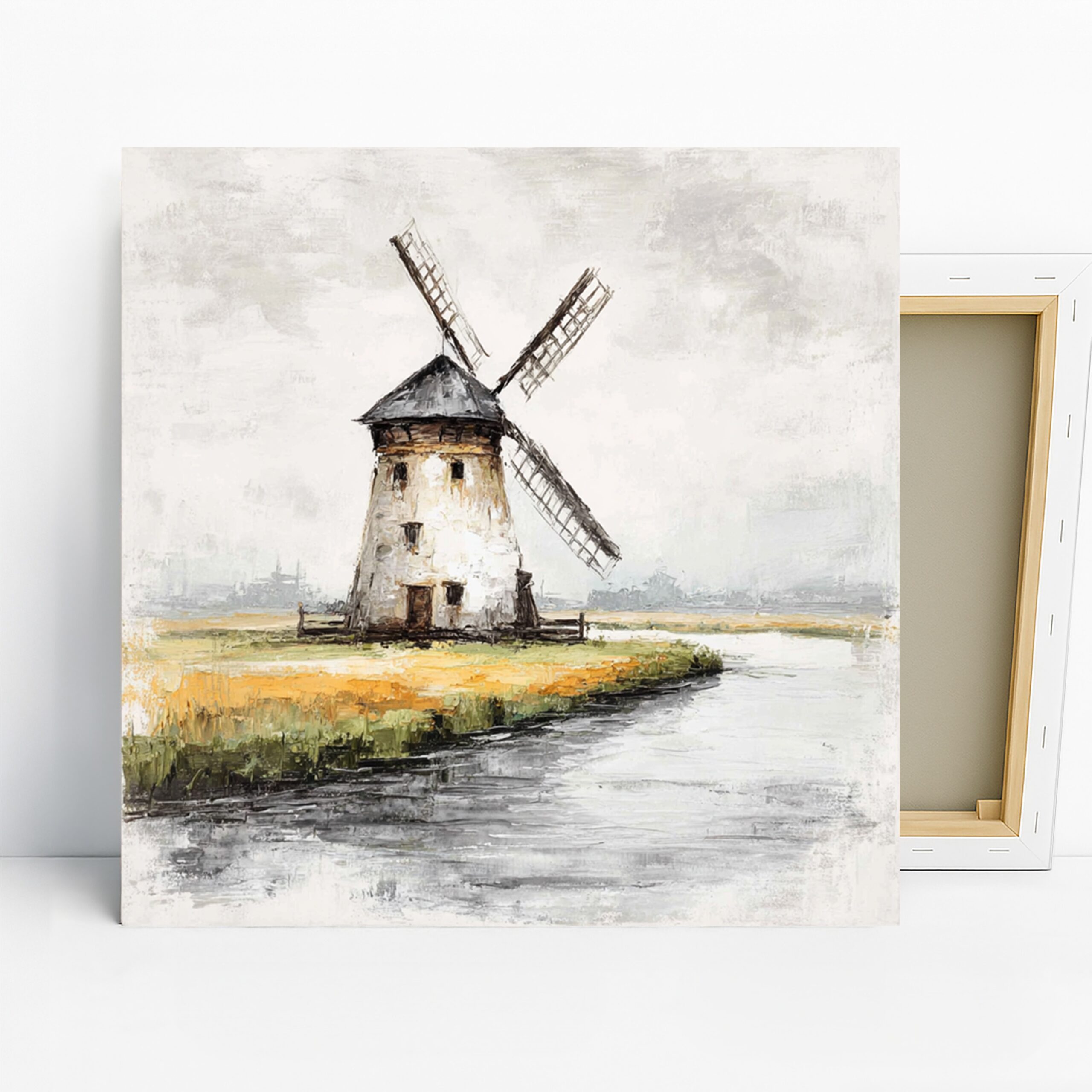 Classic Windmill Art, Canvas or Poster, Vintage Rustic Decor, Living Room Bedroom Dining Room Wall Art, White Yellow Brown Grey