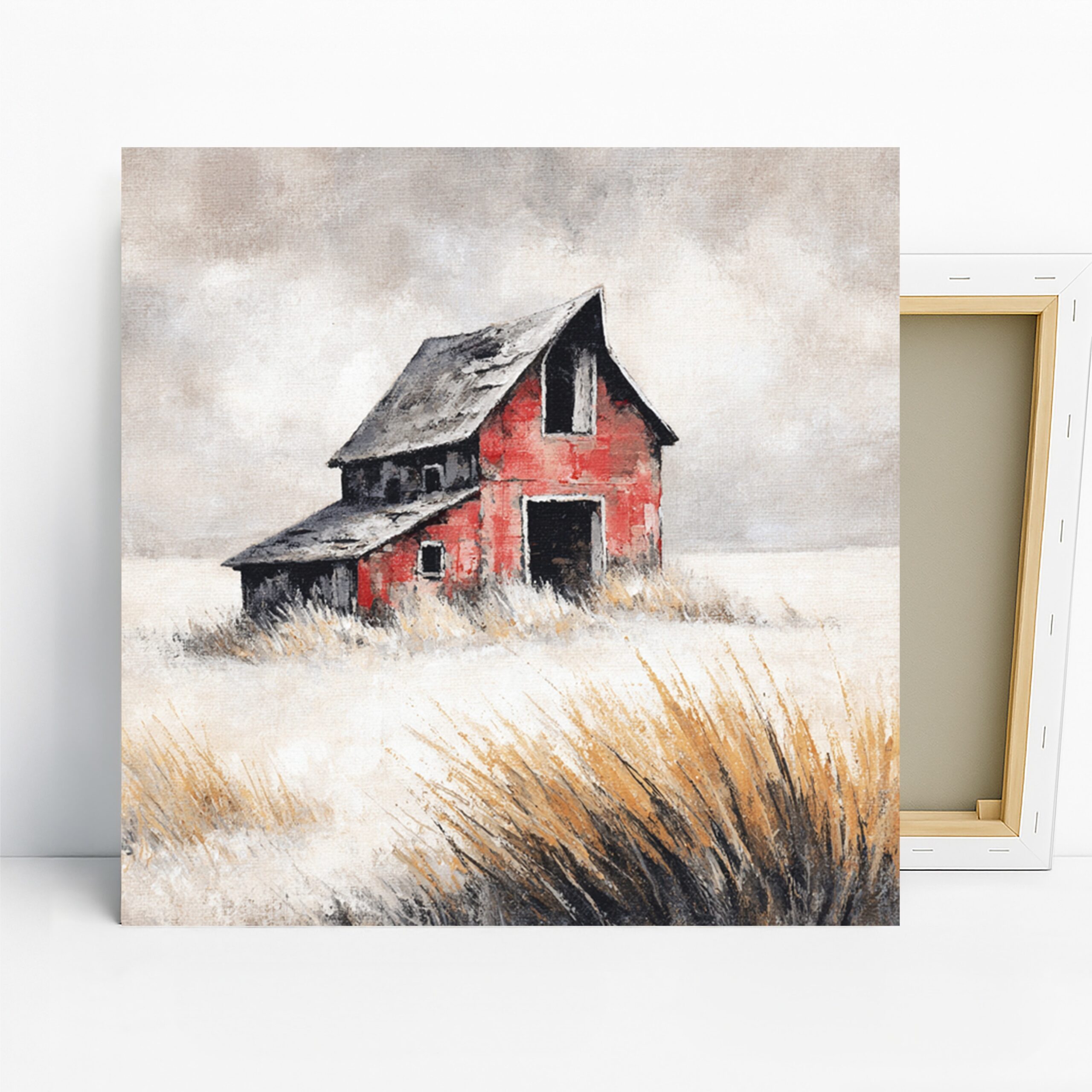 Red Barn Art, Canvas or Poster, Rustic Farmhouse Decor, Living Room Bedroom Dining Room Wall Art, Red Gray Beige Brown Color