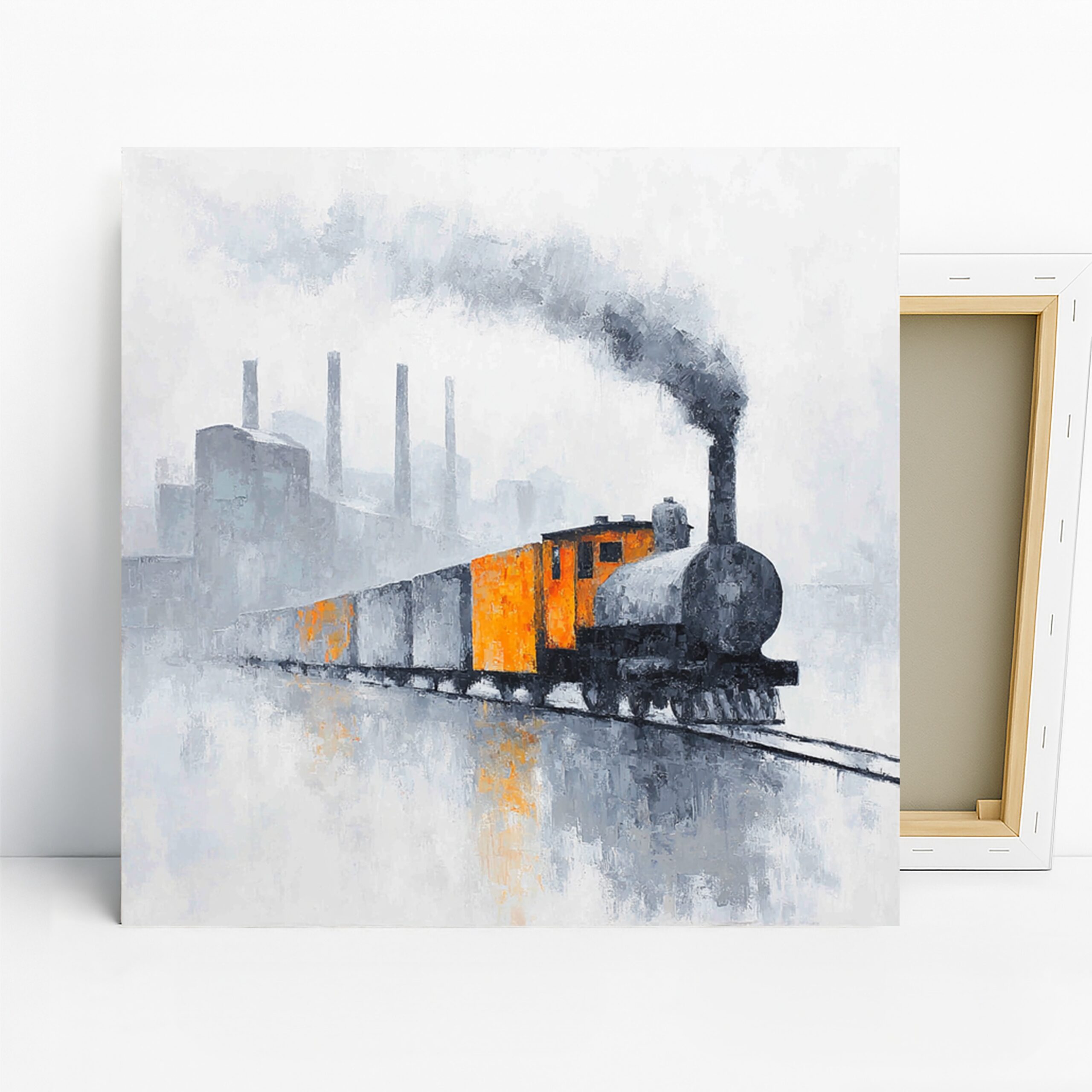 Vintage Steam Train Art, Canvas or Poster, Industrial Retro Decor, Living Room Office Dining Room Wall Art, Grey Black White Orange