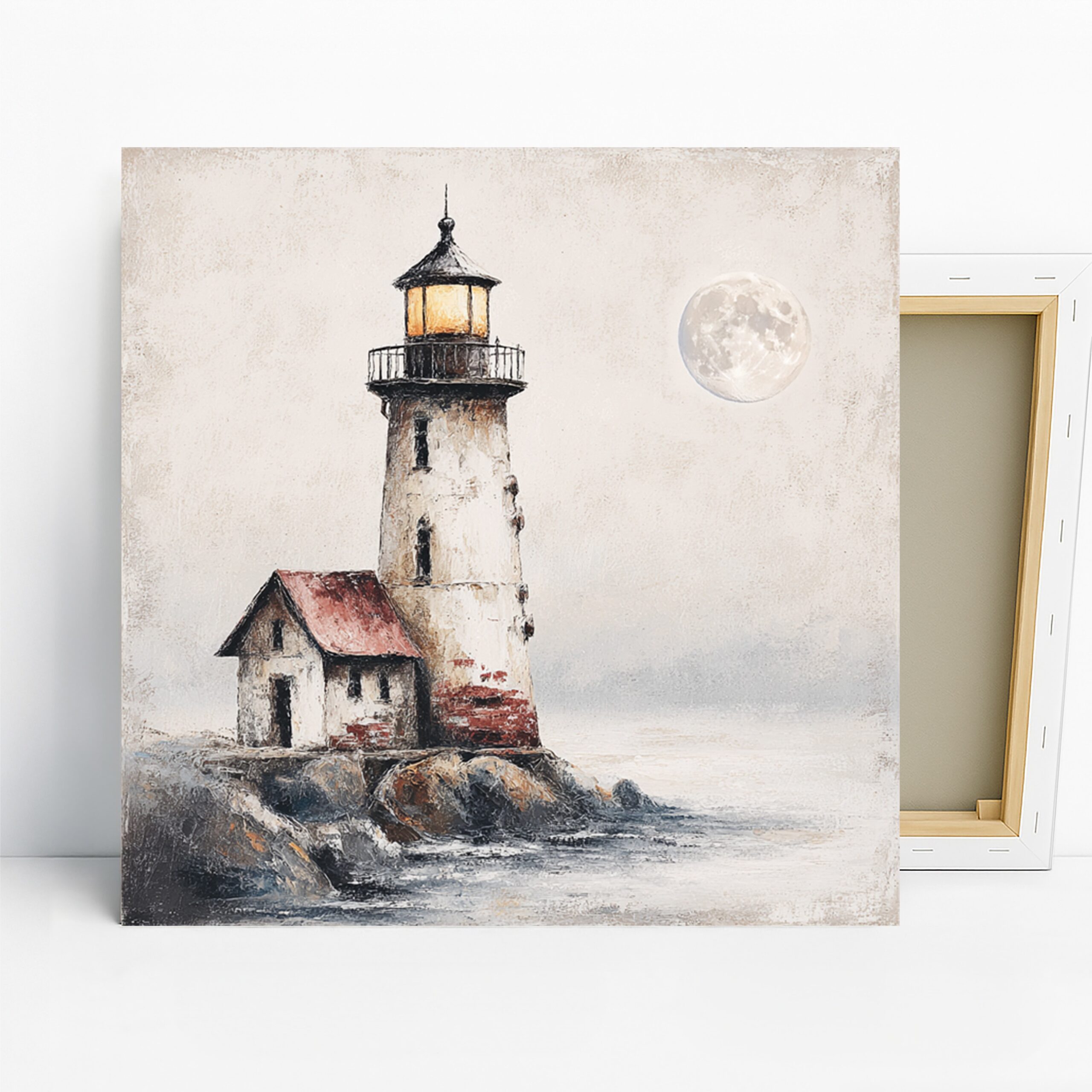 Lighthouse Moon Art, Canvas or Poster, Vintage Coastal Decor, Living Room Bedroom Bathroom Office Wall Art, White Beige Red Blue