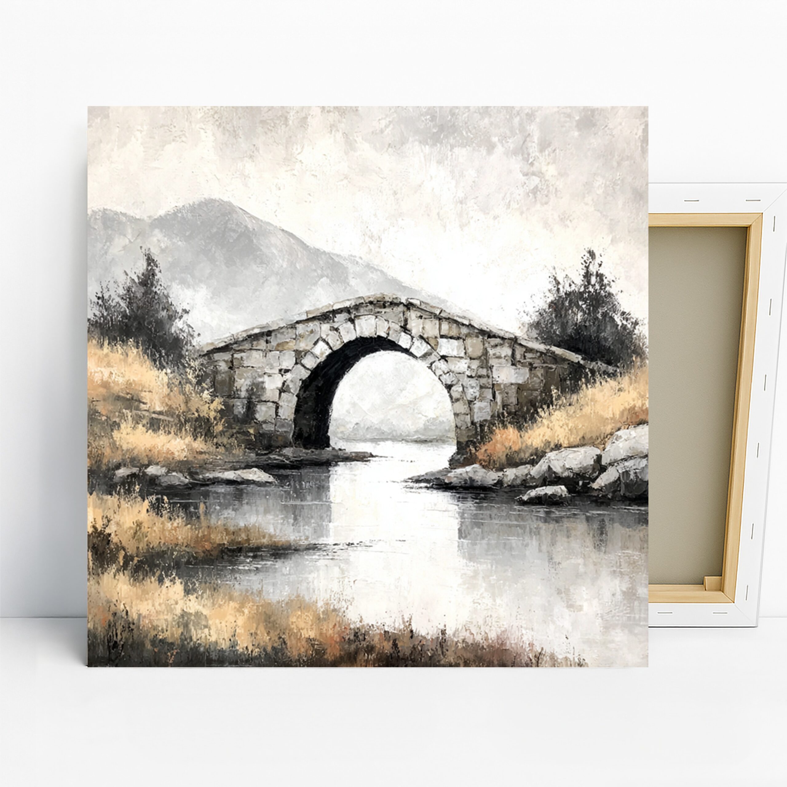 Stone Bridge Art, Canvas or Poster, Nature Classic Decor, Living Room Bedroom Office Wall Art, Grey Beige White and Brown