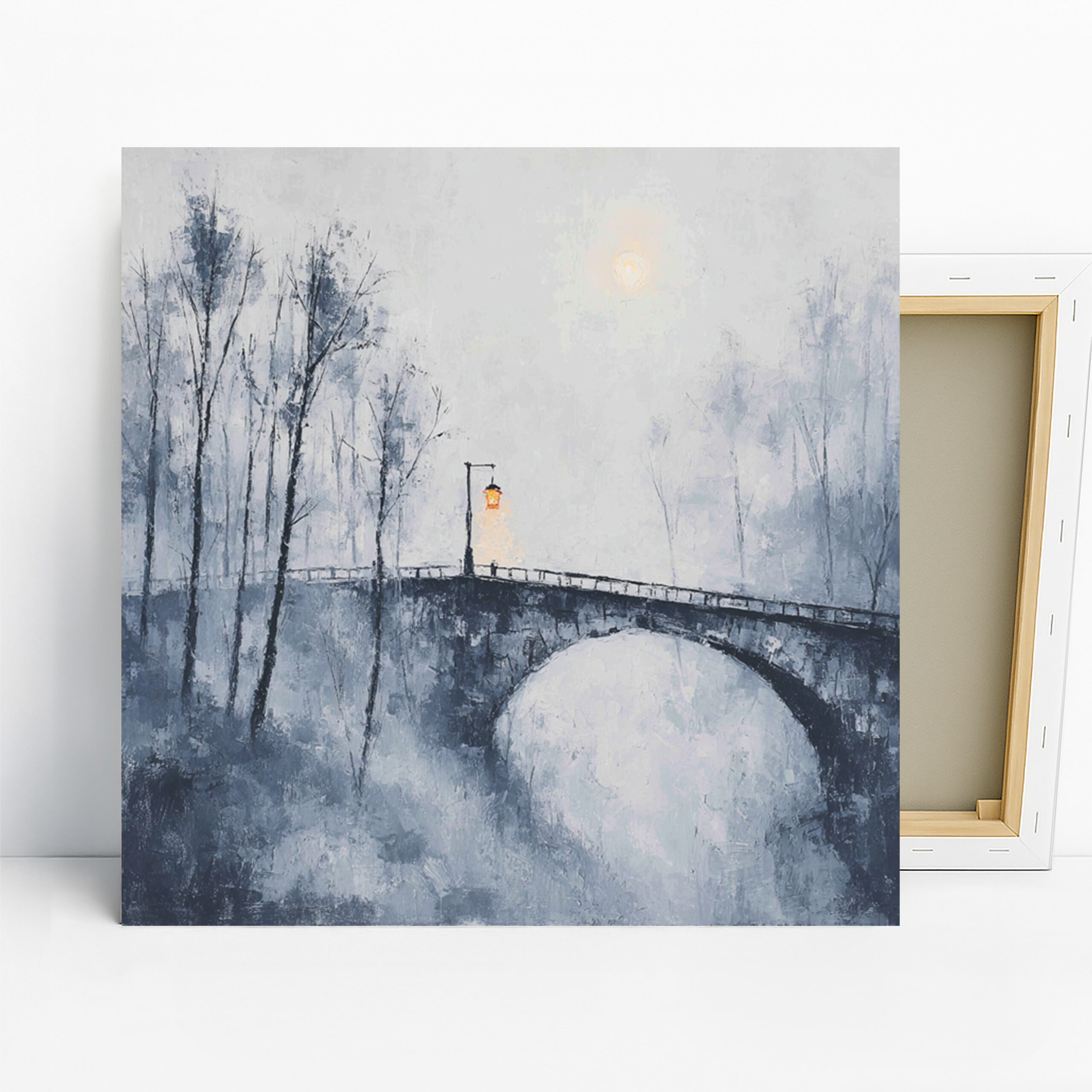 Misty Bridge Winter Art, Canvas or Poster, Impressionism Minimalist Decor, Living Room Bedroom Office Wall Art, Grey White Yellow Blue