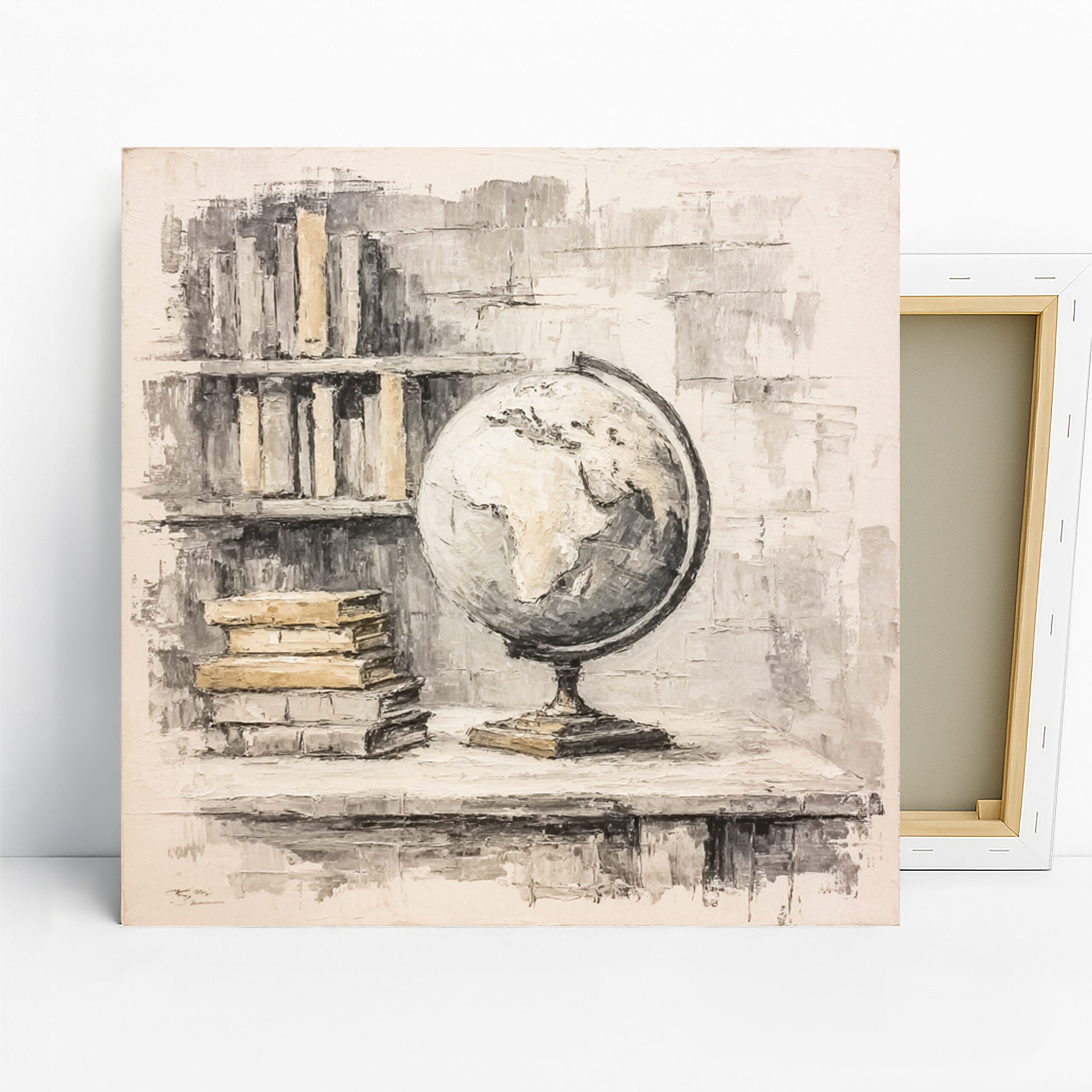 Globe and Books Art, Canvas or Poster, Still Life Classic Decor, Office Library Study Living Room Wall Art, Beige Grey White Brown