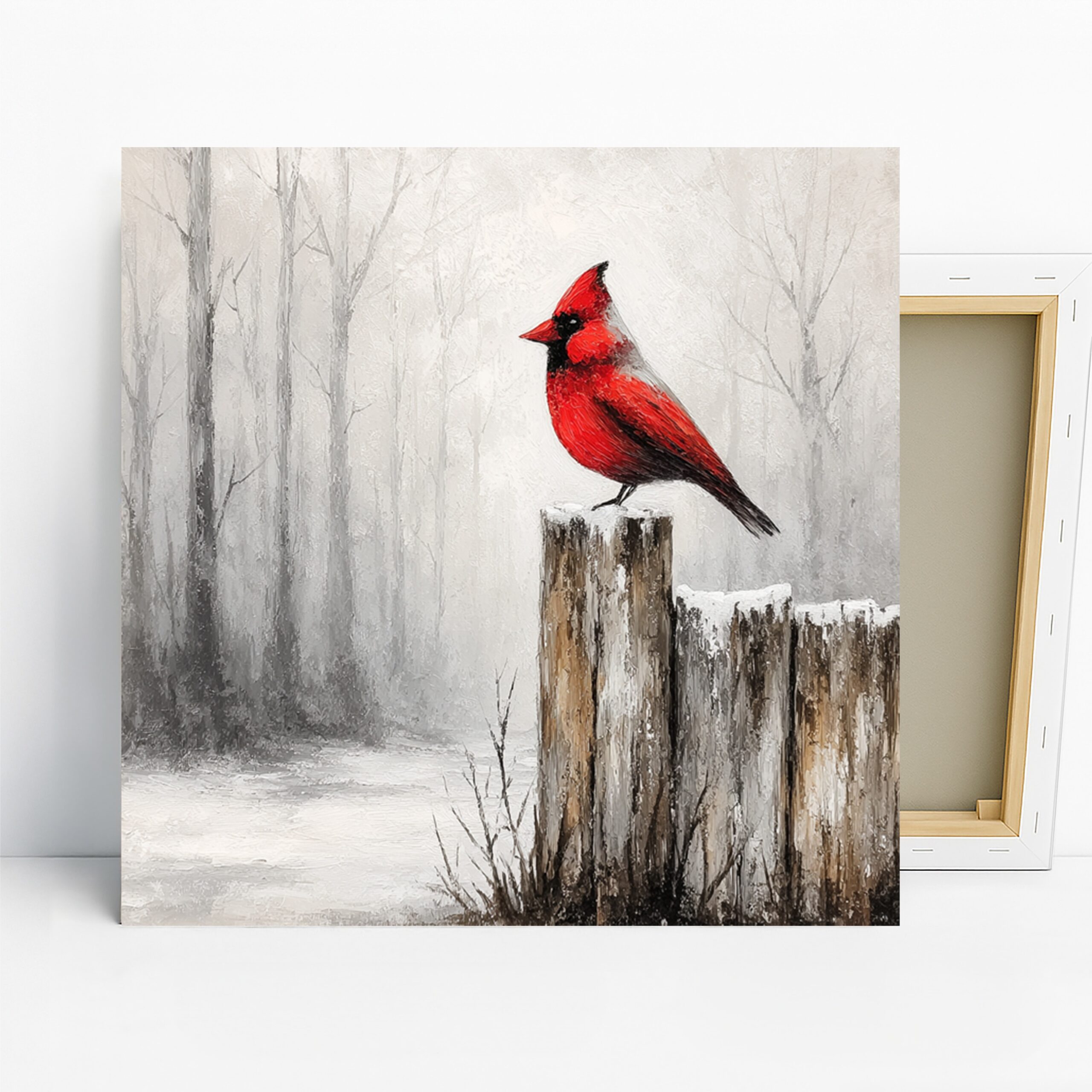 Cardinal Winter Art, Canvas or Poster, Nature Minimalist Rustic Decor, Living Room Bedroom Office Dining Room Wall Art, Red White Grey Brown