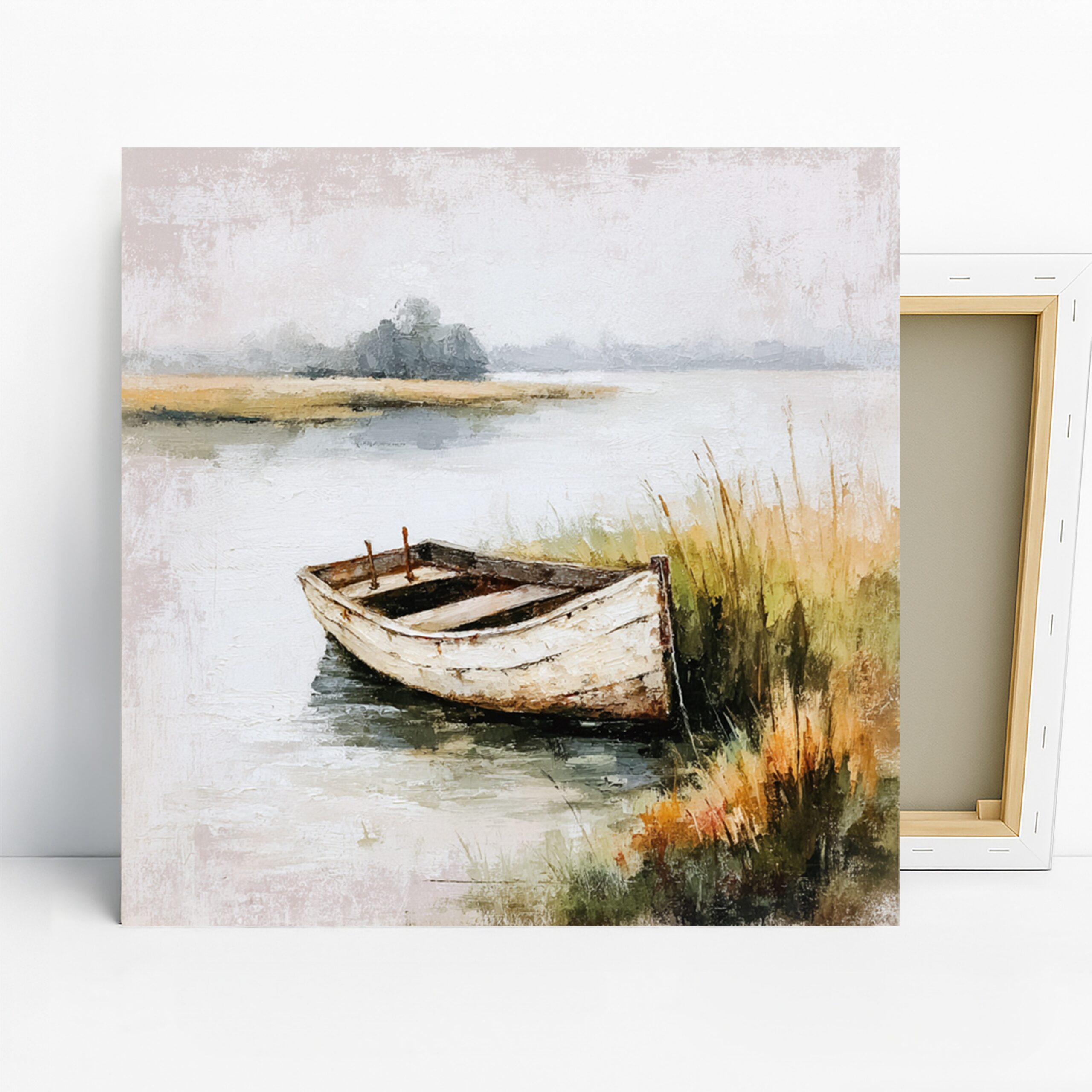 Serene Lakeside Boat Art, Canvas or Poster, Impressionism Coastal Decor, Living Room Bathroom Bedroom Wall Art, Blue Green Yellow and White