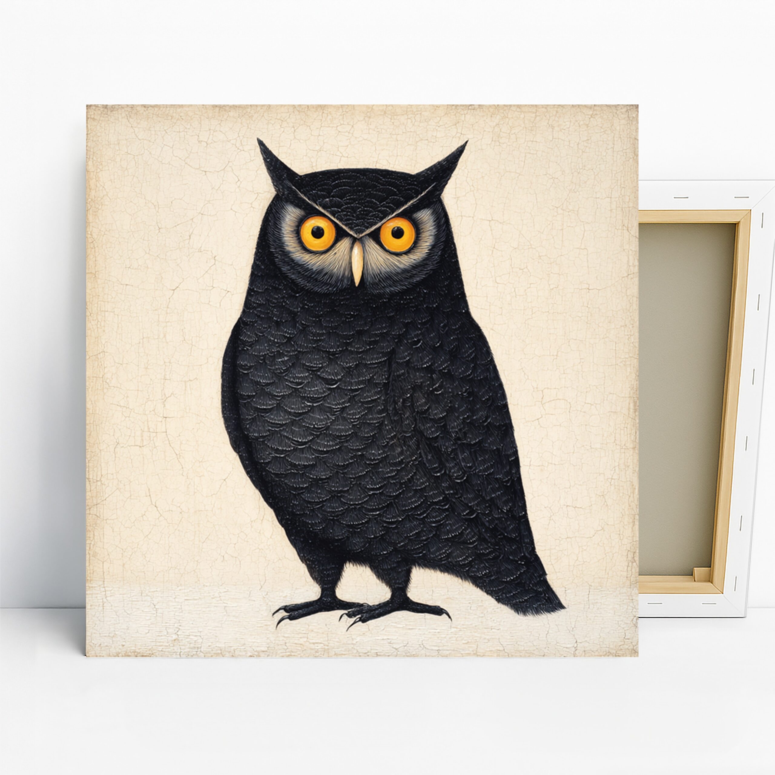 Black Owl Art, Canvas or Poster, Animal Whimsical Nature Decor, Living Room Office Bedroom Library Wall Art, Black Yellow White