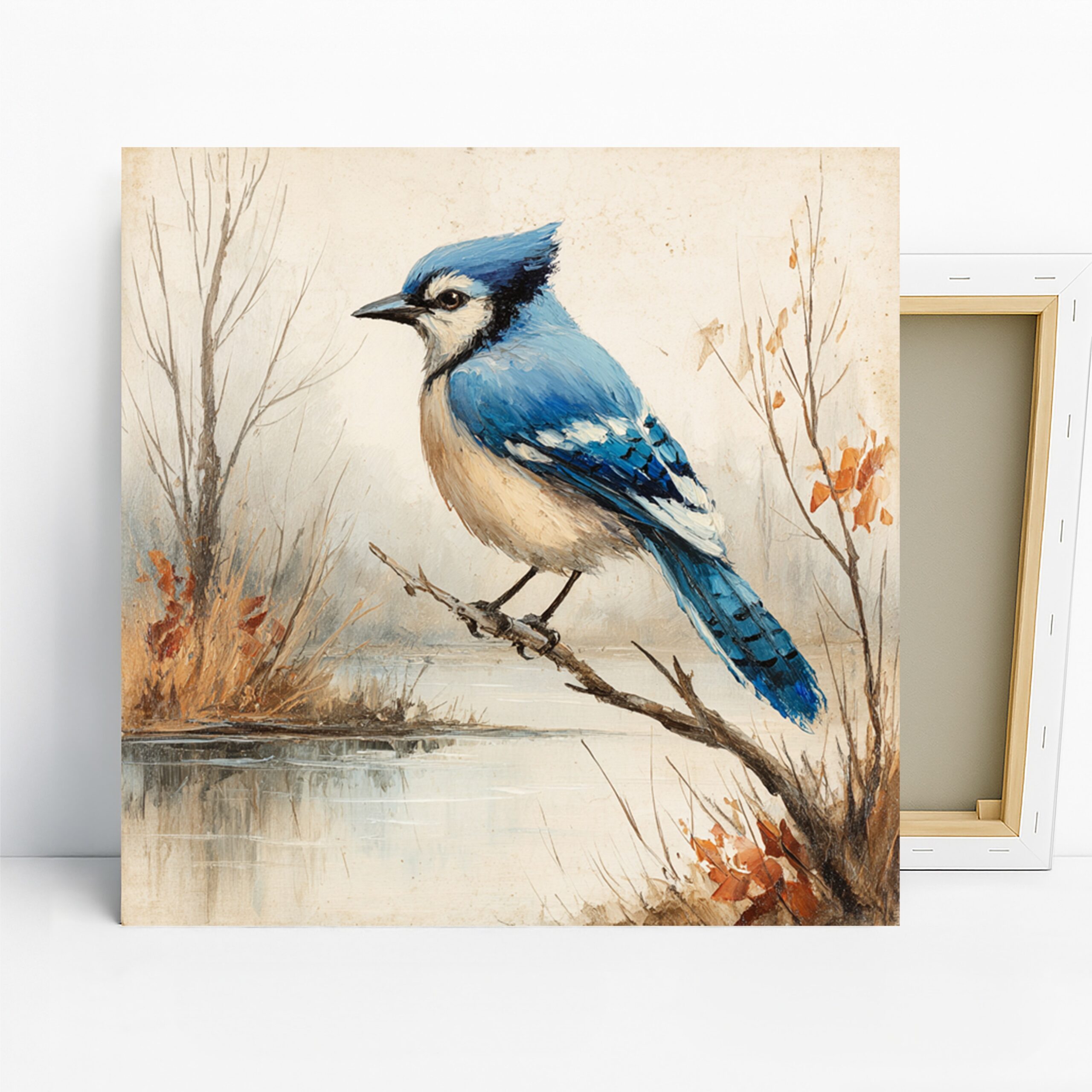 Blue Jay Art, Canvas or Poster, Nature Contemporary Decor, Living Room Bedroom Office Wall Art, Blue White Brown Orange Colors