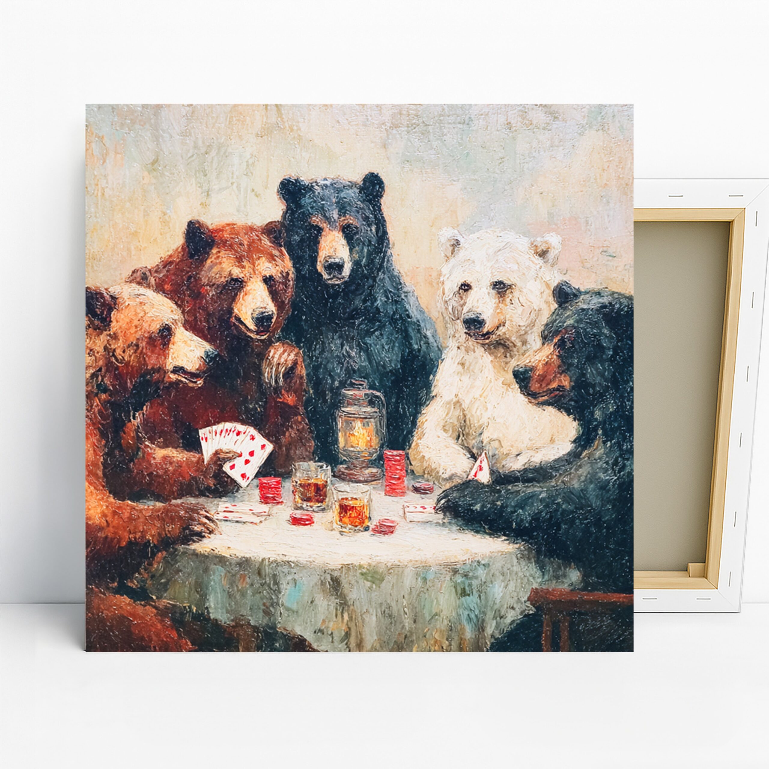 Bear Poker Night Art, Canvas or Poster, Whimsical Rustic Decor, Game Room Living Room Bar Wall Art, Brown Black White Red, Animal Art