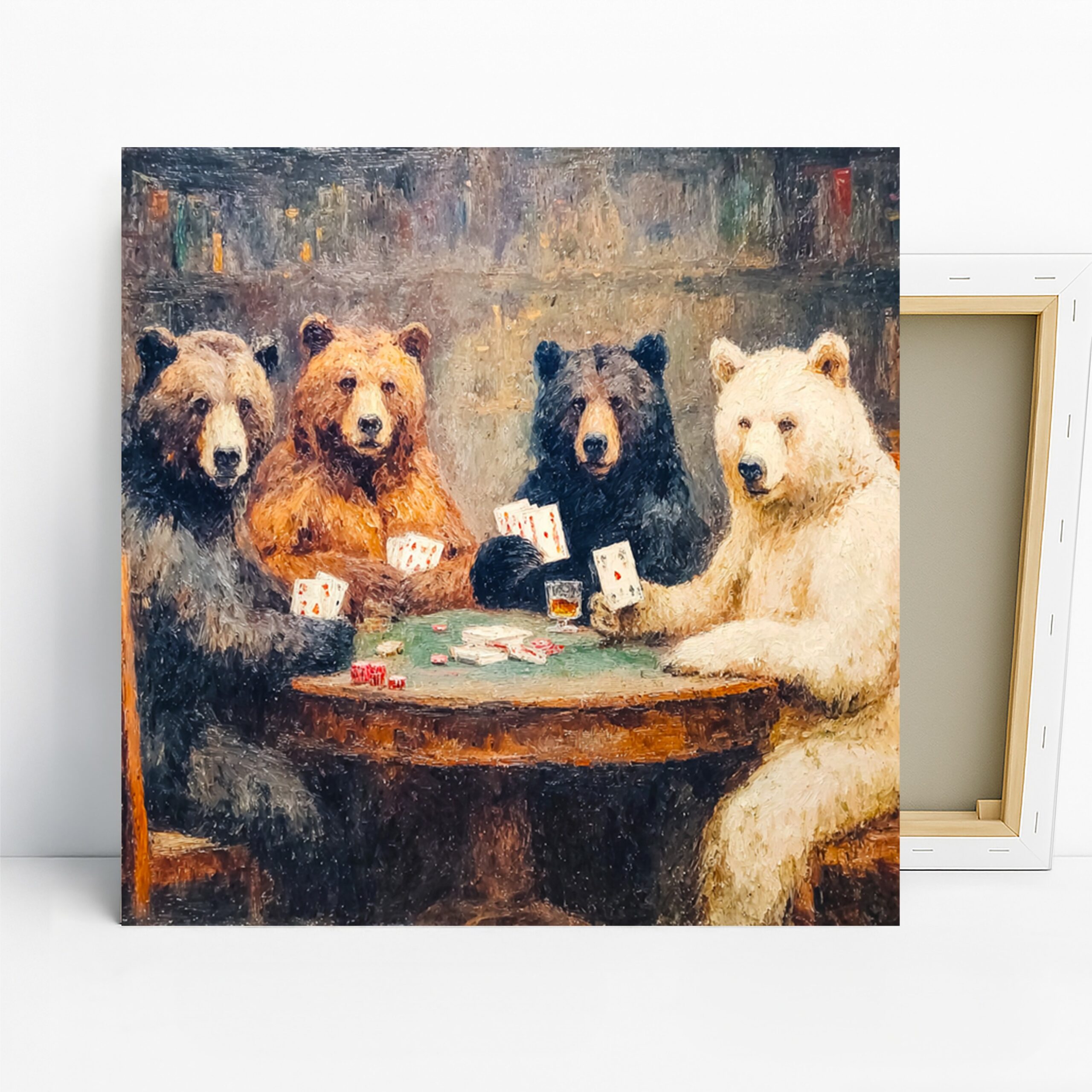 Bear Playing Poker Art, Canvas or Poster, Whimsical Rustic Decor, Game Room Home Bar Living Room Office Wall Art, Brown Black Orange White