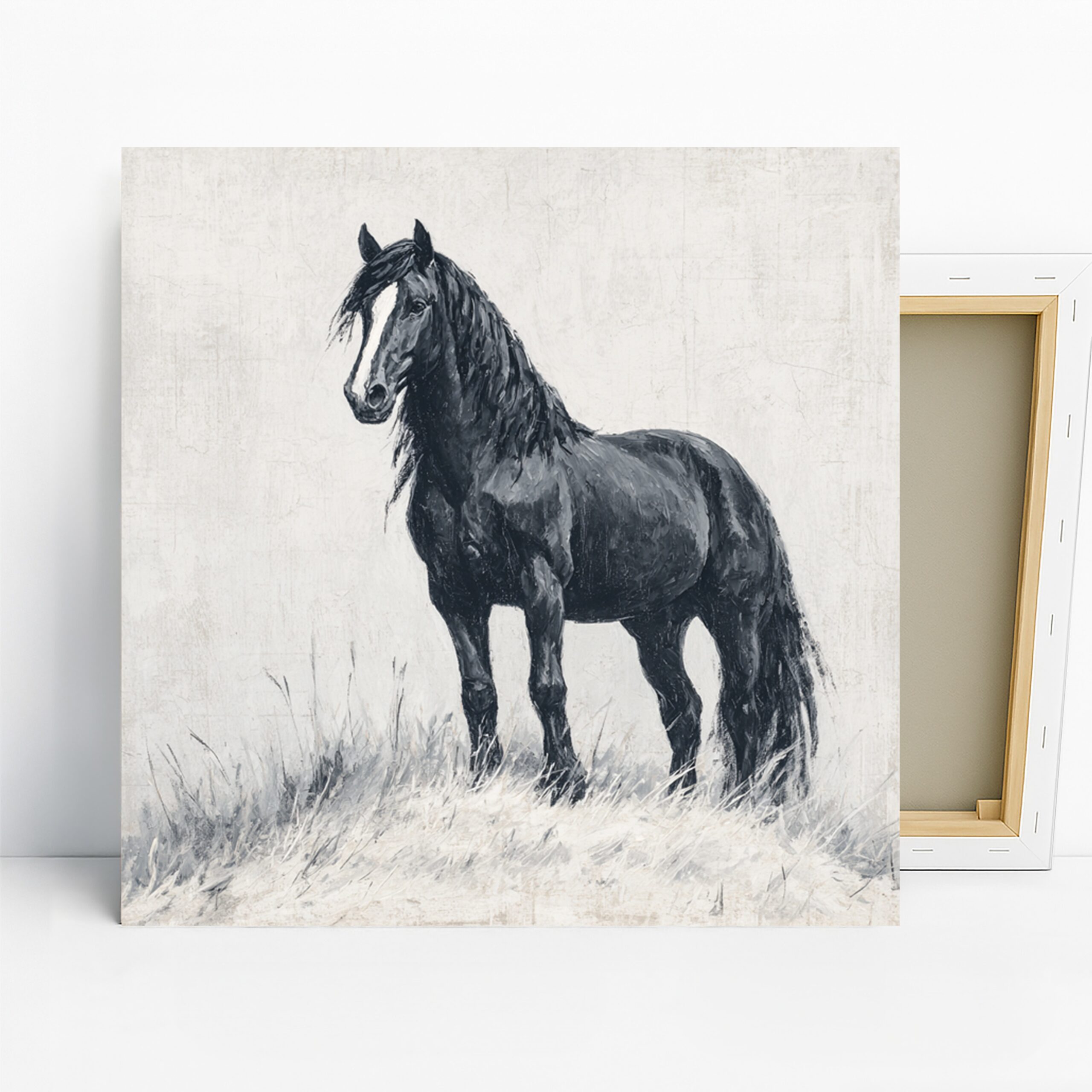 Black Horse Art, Canvas or Poster, Contemporary Rustic Decor, Living Room Bedroom Office Wall Art, Black White Grey Colors, Equestrian Decor