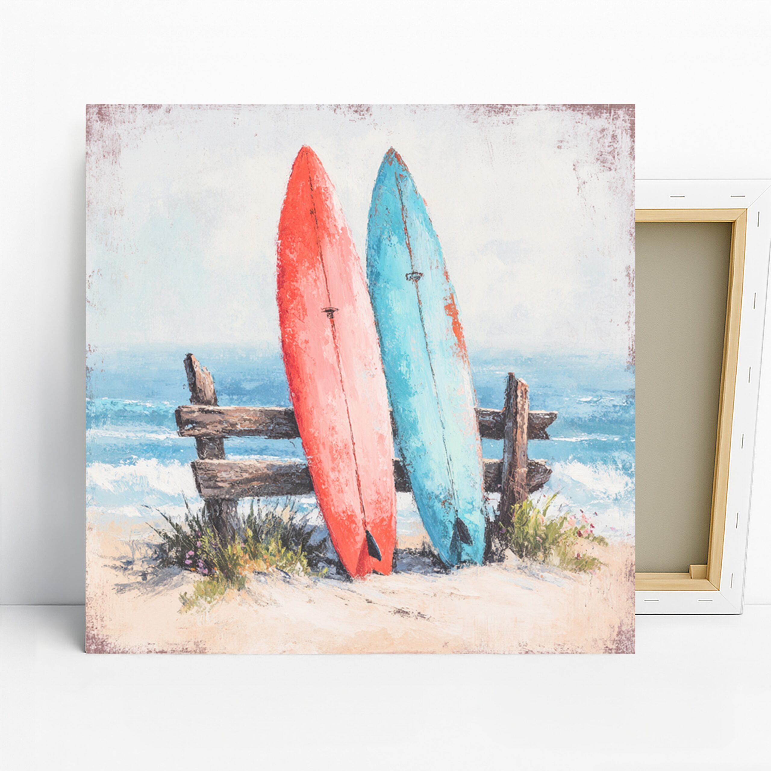 Surfboard Beach Art, Canvas or Poster, Coastal Contemporary Decor, Living Room Bedroom Bathroom Office Wall Art, Blue Red White Beige