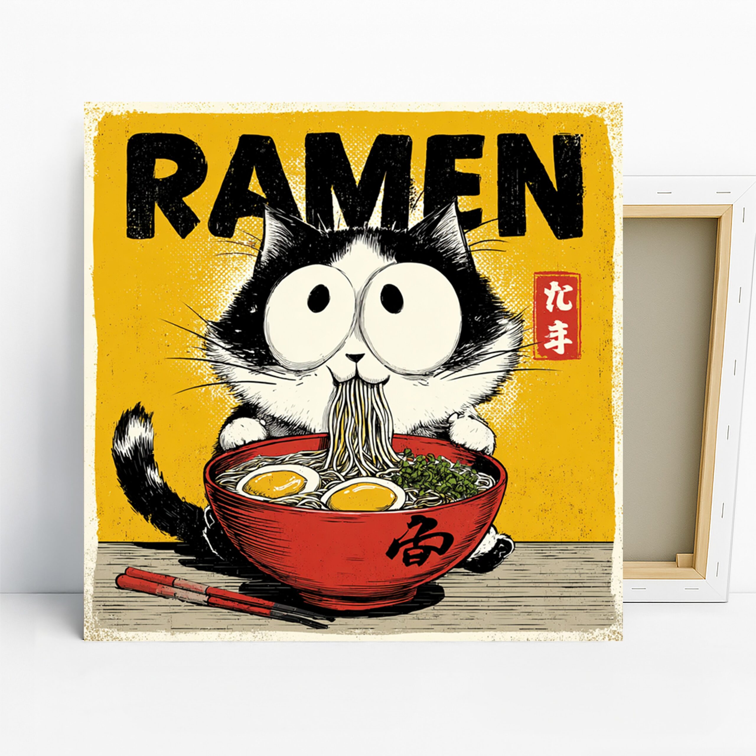 Ramen Cat Art, Canvas or Poster, Whimsical Pop Art Decor, Kitchen Dining Room Game Room Wall Art, Yellow Red Black and White