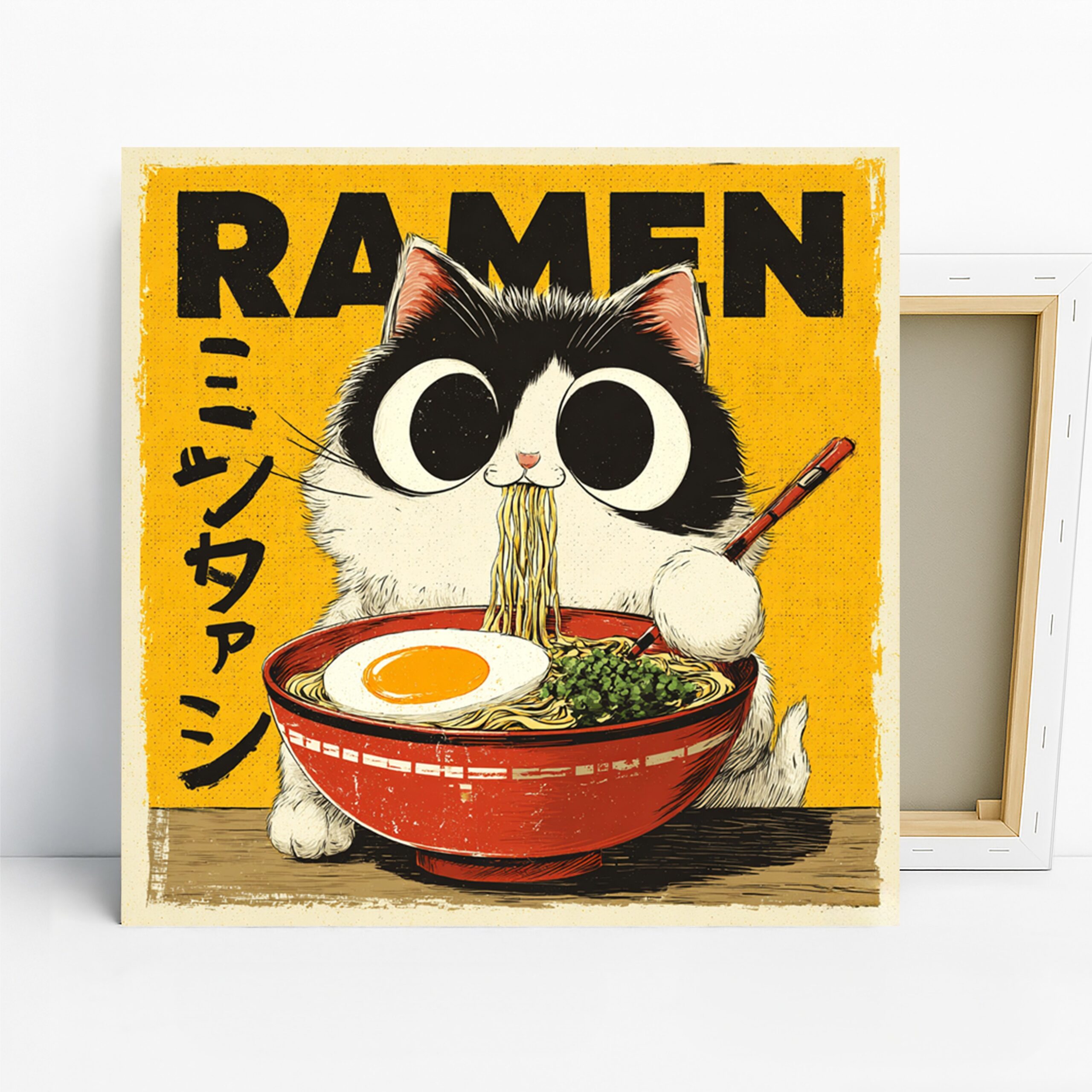 Cat Ramen Art, Canvas or Poster, Pop Art Contemporary Decor, Kitchen Dining Room Living Room Office Wall Art, Yellow Red Black White