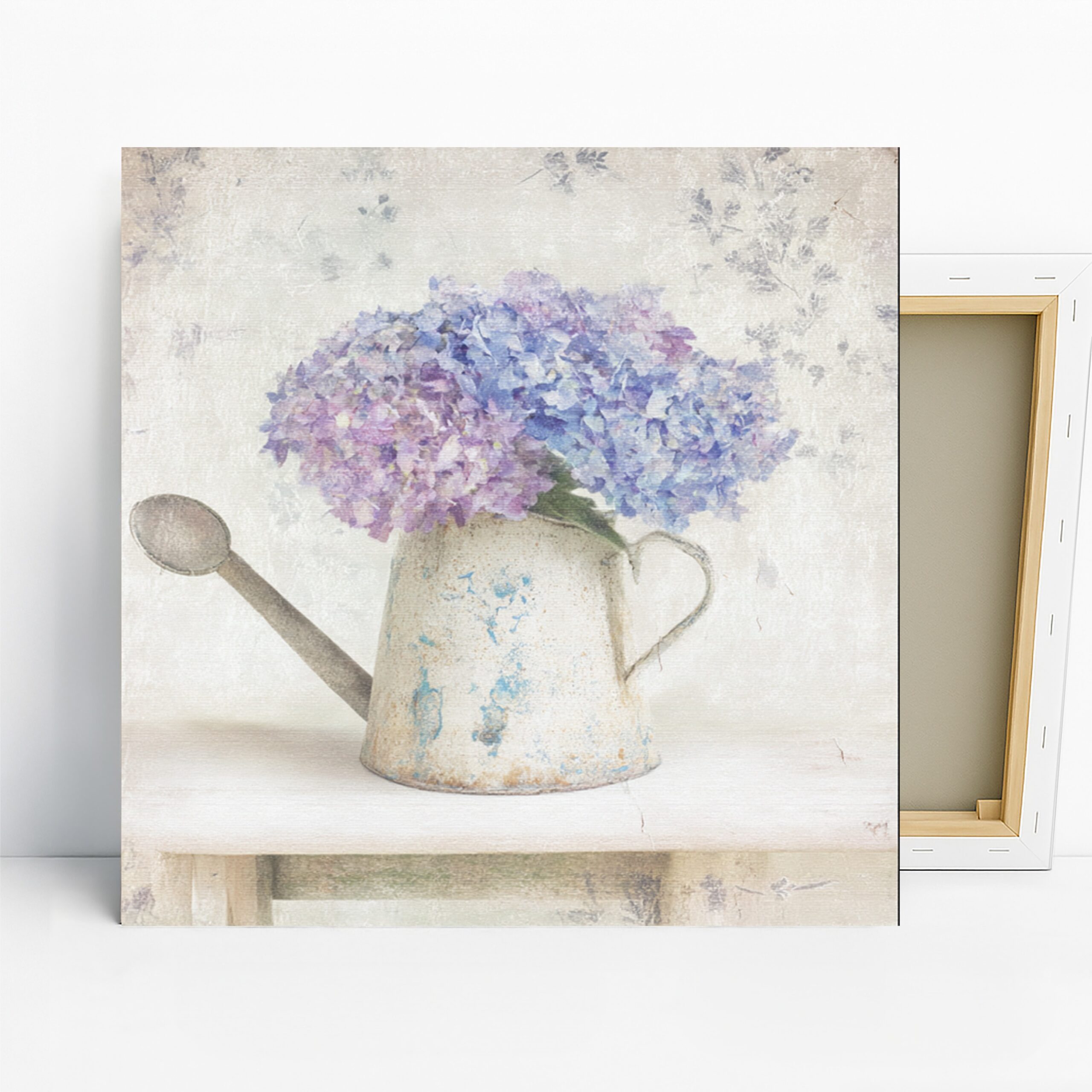 Hydrangea Watering Can Art, Canvas or Poster, Vintage Floral Decor, Living Room Bedroom Bathroom Wall Art, Purple Blue White Green