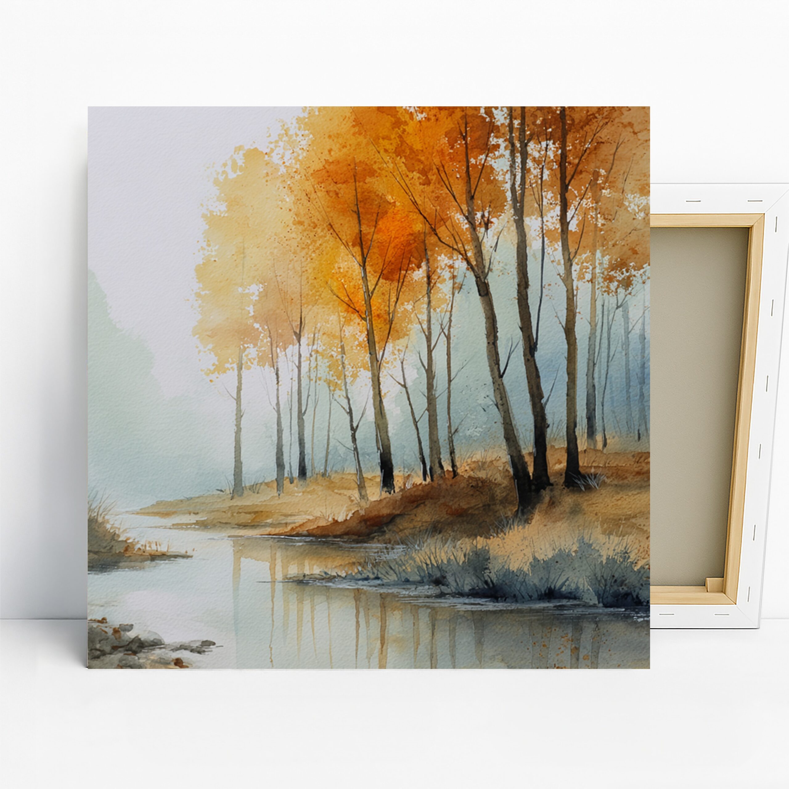 Autumn Lakeside Trees Art, Canvas or Poster, Nature Impressionism Decor, Living Room Bedroom Office Wall Art, Orange Blue Brown and White