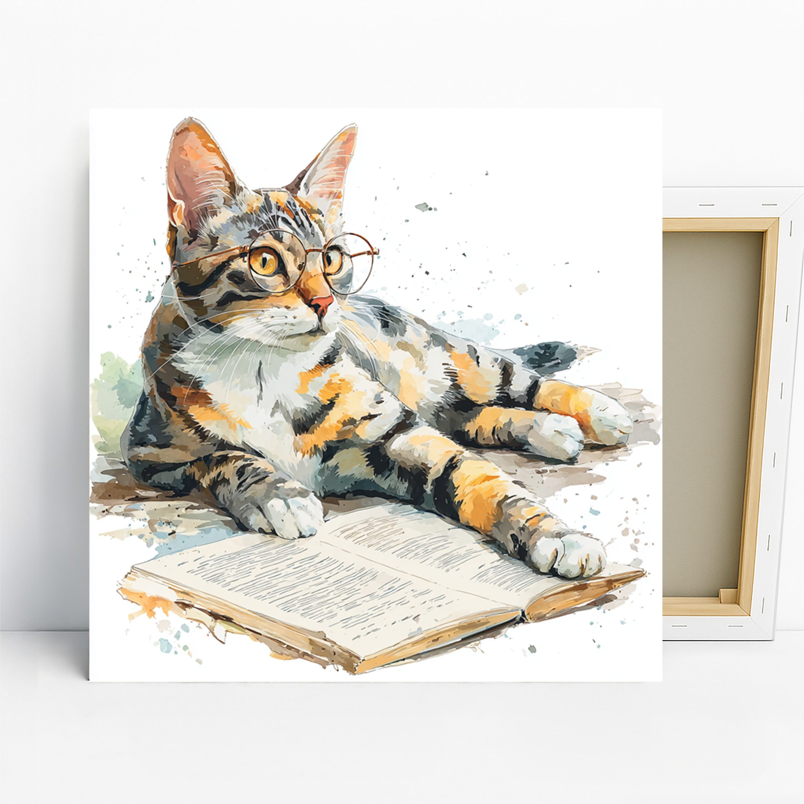 Cat Glasses Book Art, Canvas or Poster, Whimsical Contemporary Decor, Office Library Living Room Wall Art, Orange Grey White