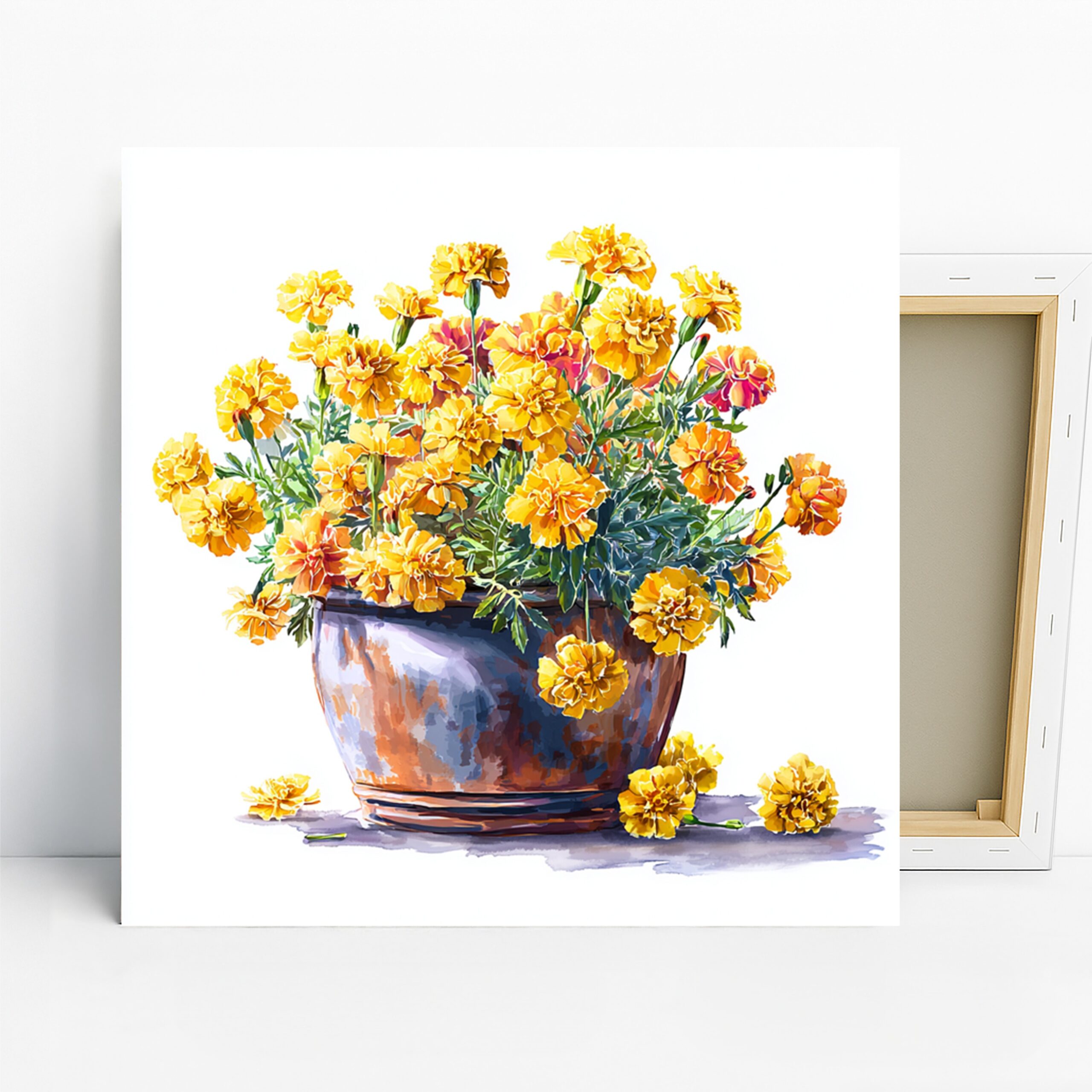 Marigold Bouquet Art, Canvas or Poster, Floral Contemporary Decor, Living Room Kitchen Dining Room Wall Art, Yellow Green Blue Orange