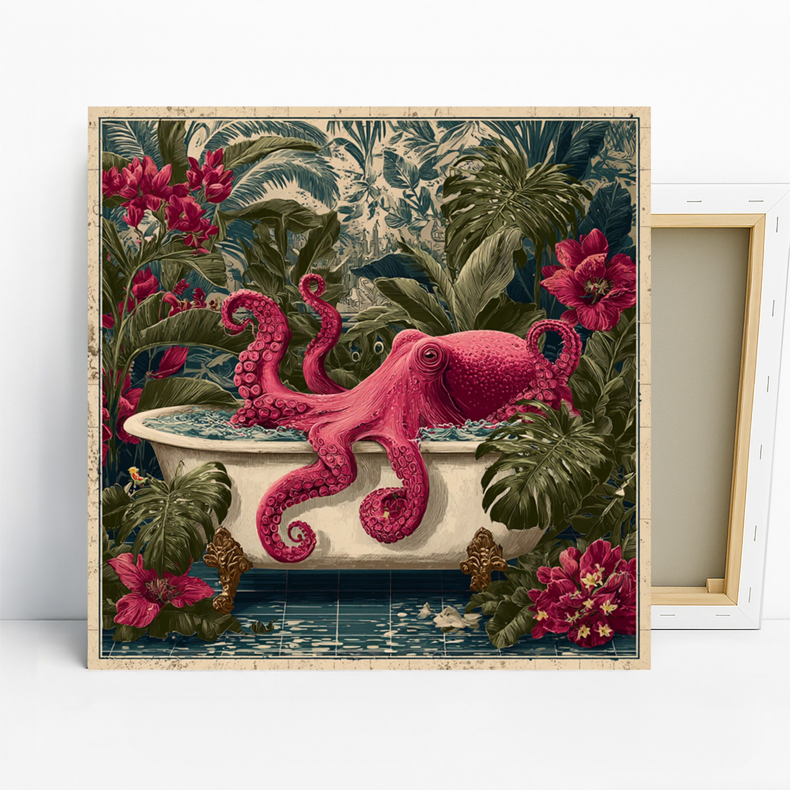 Octopus Art, Canvas or Poster, Surrealism Bohemian Decor, Bathroom Living Room Bedroom Home Office Wall Art, Pink Green Blue and White