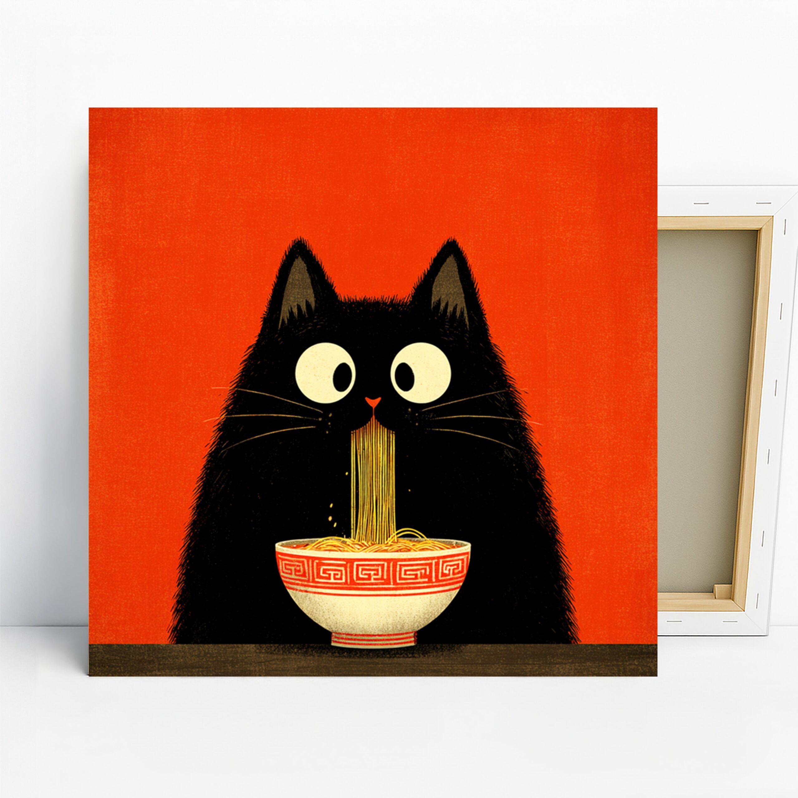 Cat Noodle Art, Canvas or Poster, Whimsical Modern Decor, Kitchen Dining Room Living Room Office Wall Art, Black Red Orange White