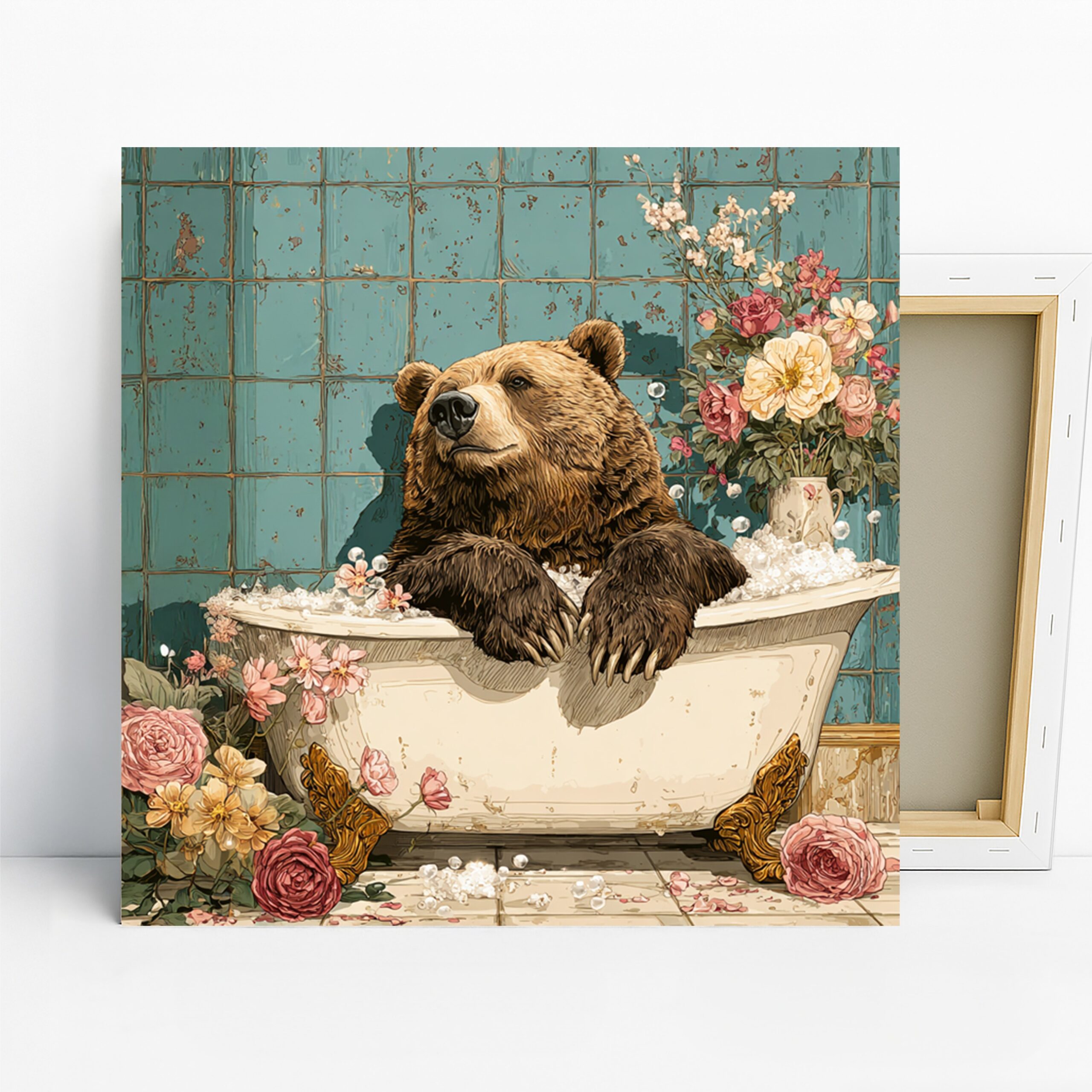 Bear Bathtub Art, Canvas or Poster, Whimsical Vintage Rustic Decor, Bathroom Bedroom Living Room Wall Art, Brown Turquoise Pink and White